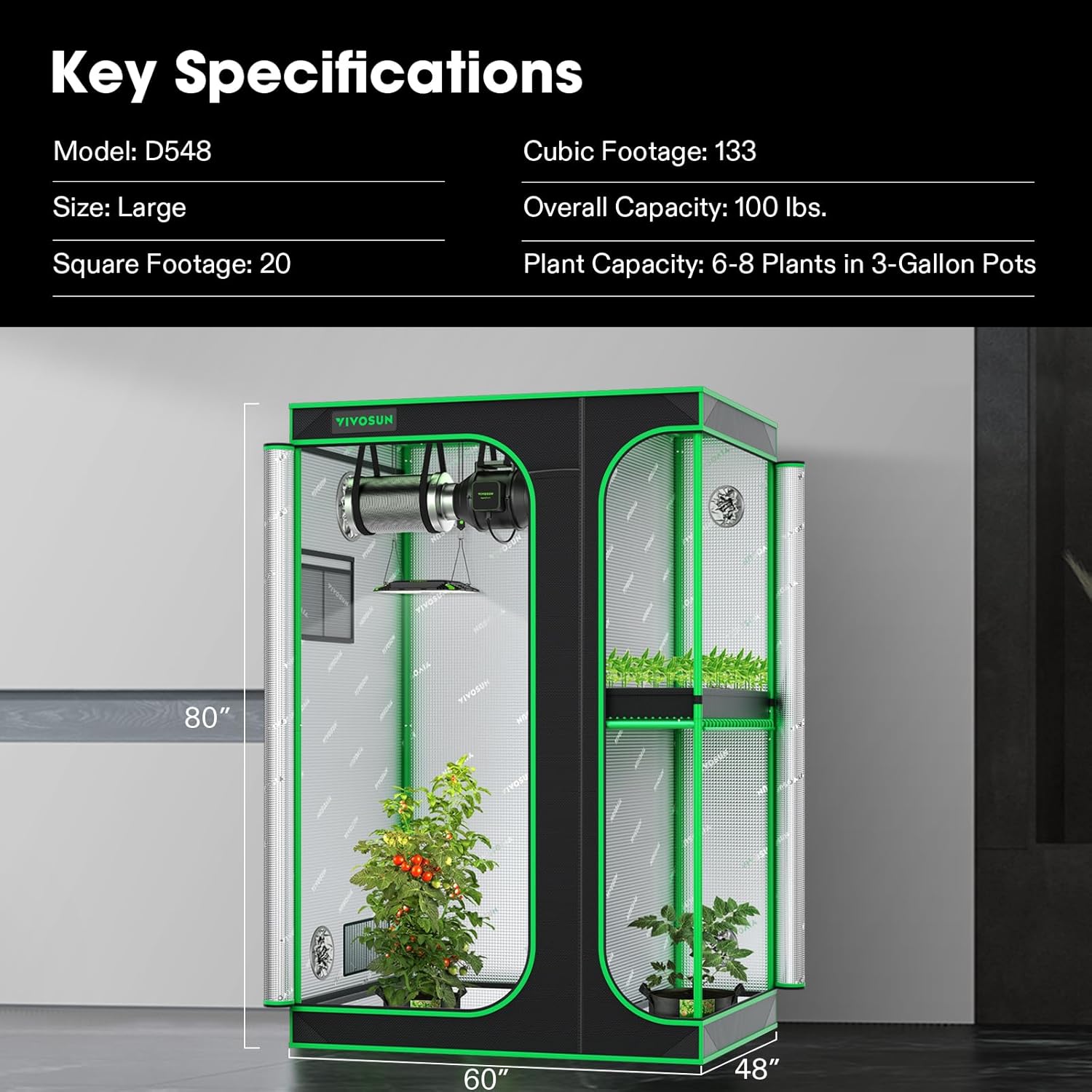 VIVOSUN D548 2-in-1 5x4 Grow Tent, 60"x48"x80" High Reflective Mylar with Multi-Chamber and Floor Tray for Hydroponic Indoor Plant