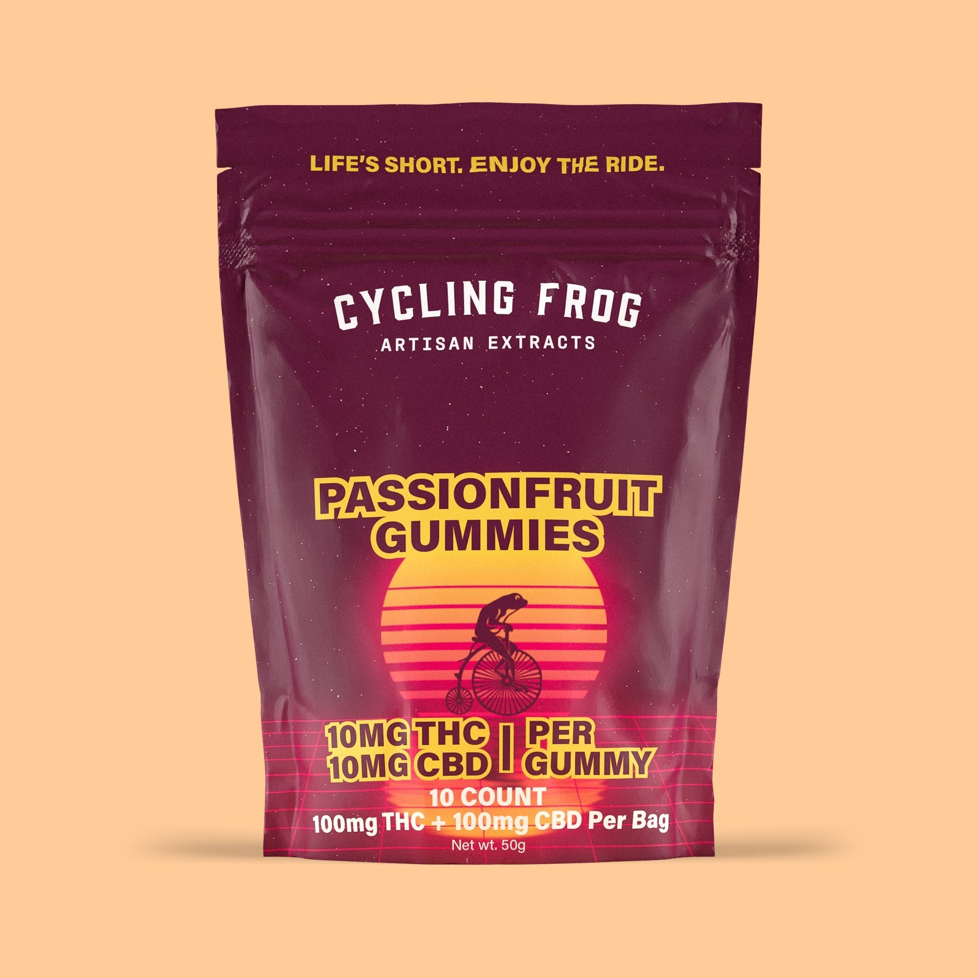 Cycling Frog Passionfruit Gummies, 10mg THC + 10mg CBD