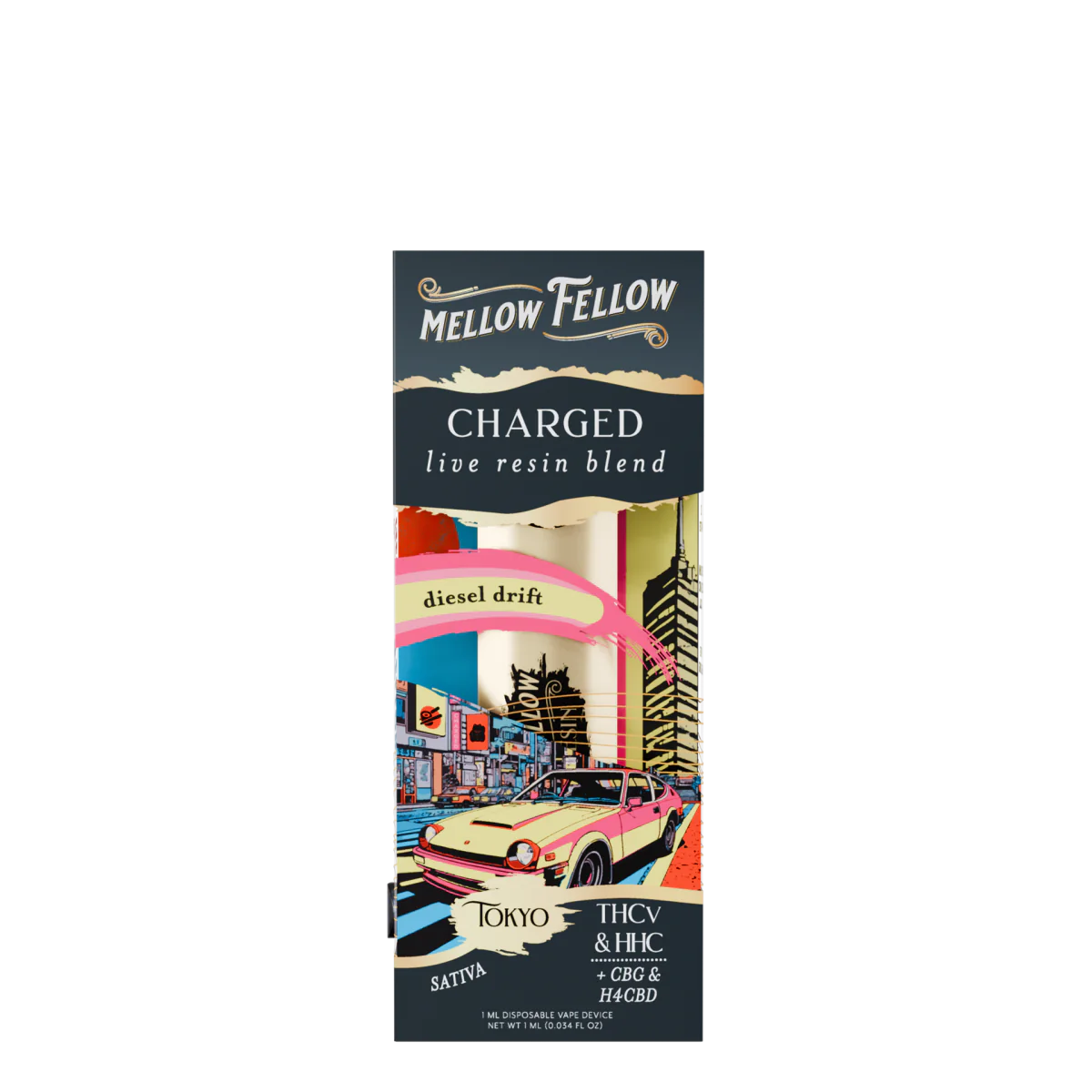 Mellow Fellow Charged Blend - Destination: Tokyo - Live Resin 1ml Disposable Vape - Diesel Drift (Sativa) Best Price