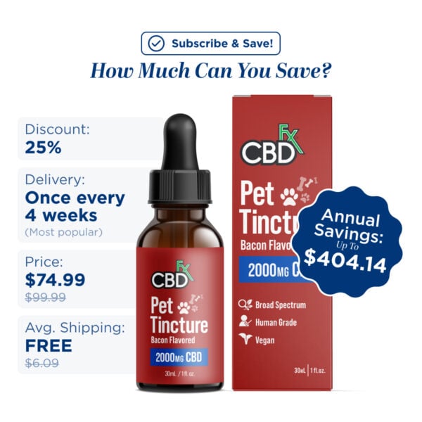 CBDfx CBD Oil for Dogs – Bacon Flavored – 250 to 2000mg
