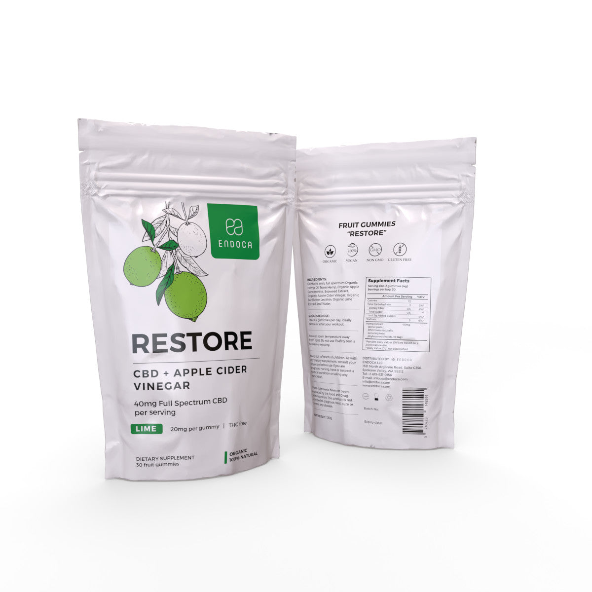 Endoca DE CBD Gummies „Restore“ 1200mg CBD, THC Free, Lime