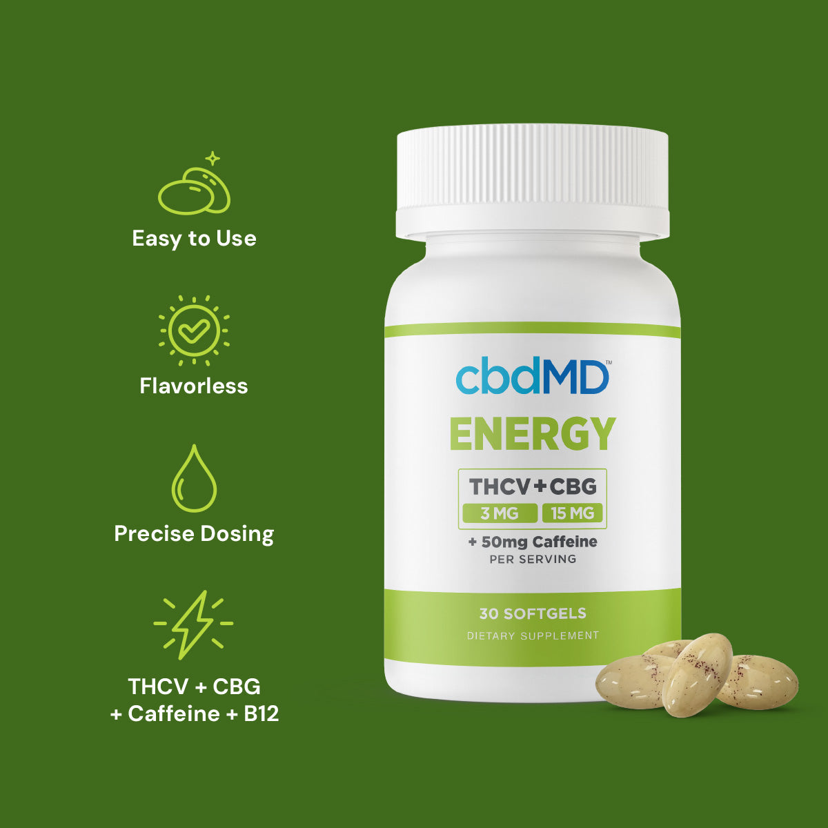 cbdMD Broad Spectrum CBD Softgels THCV + CBG Energy Softgels