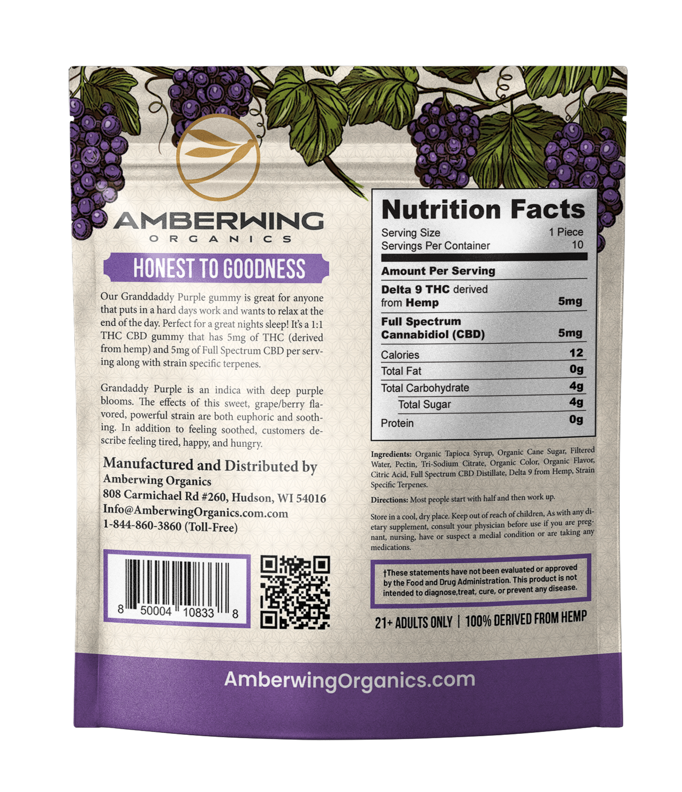 5mg Delta 9 | 5mg CBD | 1:1 | Granddaddy Purple Strain | Indica | 10 Pack