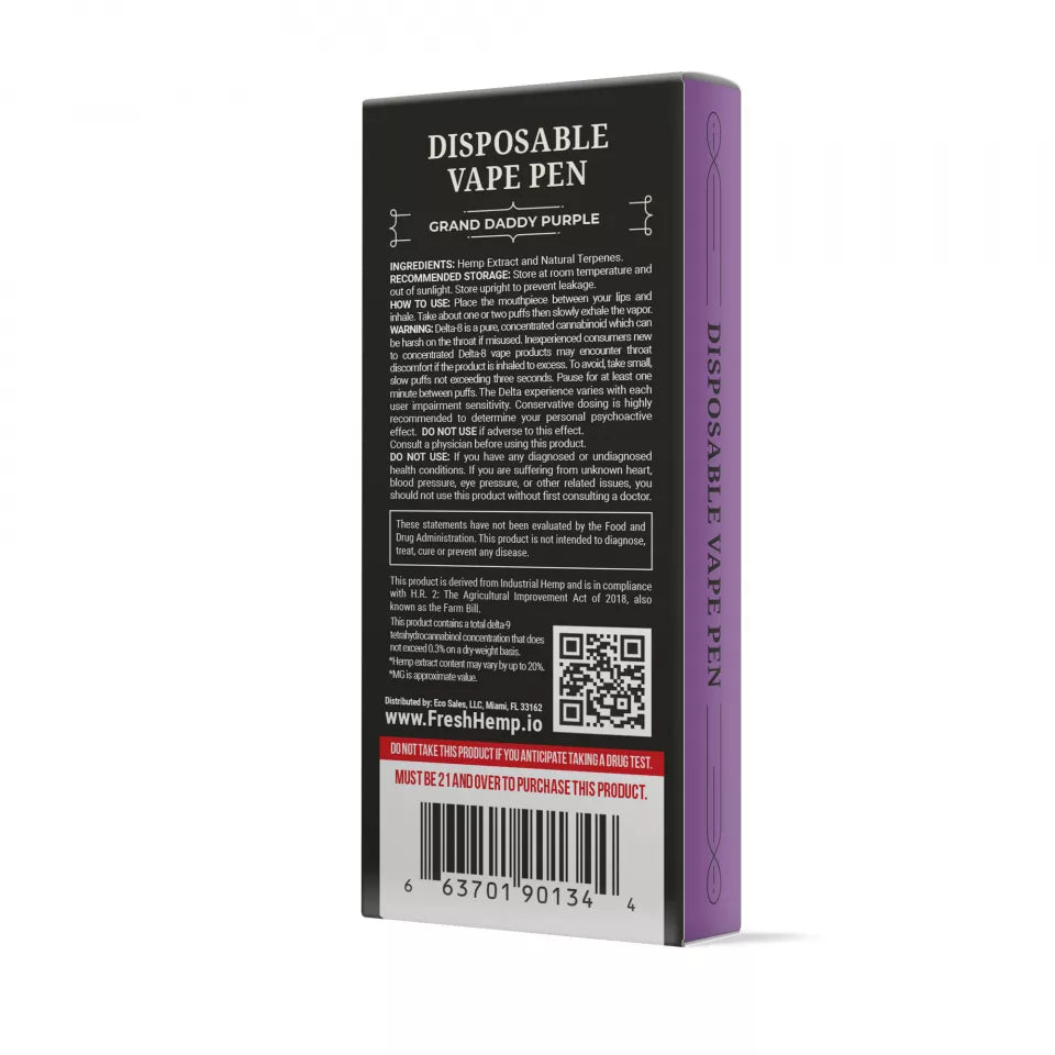 Grand Daddy Purp Strain Vape -Purple Vape Pen - Delta 8 THC - Fresh Brand - 900MG Best Price