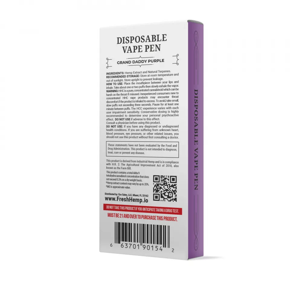 Grand Daddy Purp Strain Vape -Grand Daddy Purple Vape Pen - HHC - Fresh Brand - 900MG Best Price