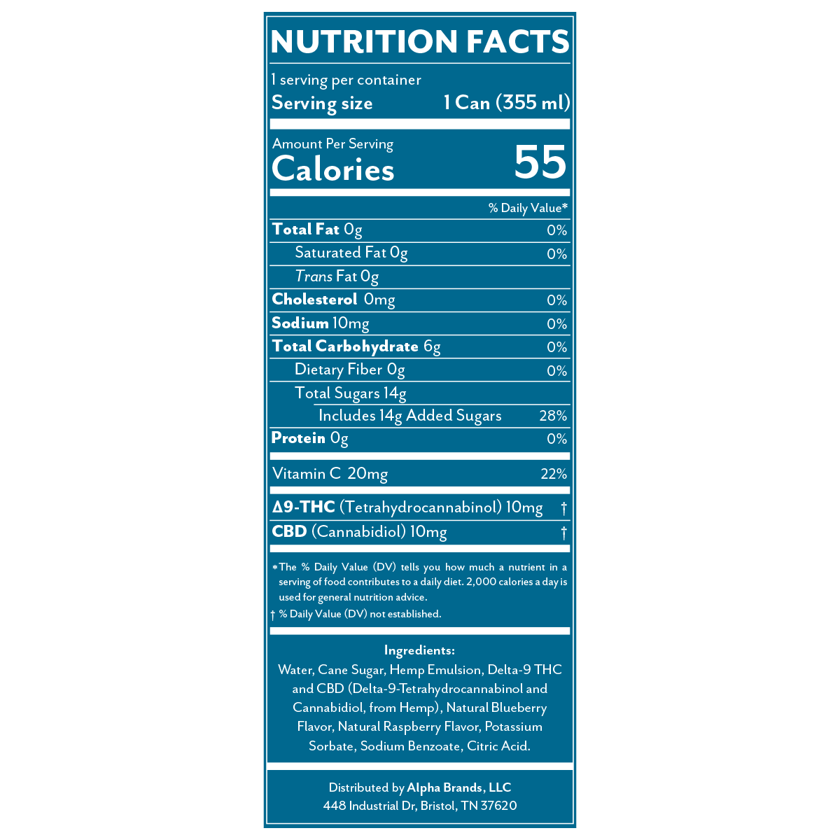 Delta 9 THC + CBD Seltzer Beverage 20MG - Blue Raspberry 4 Pack