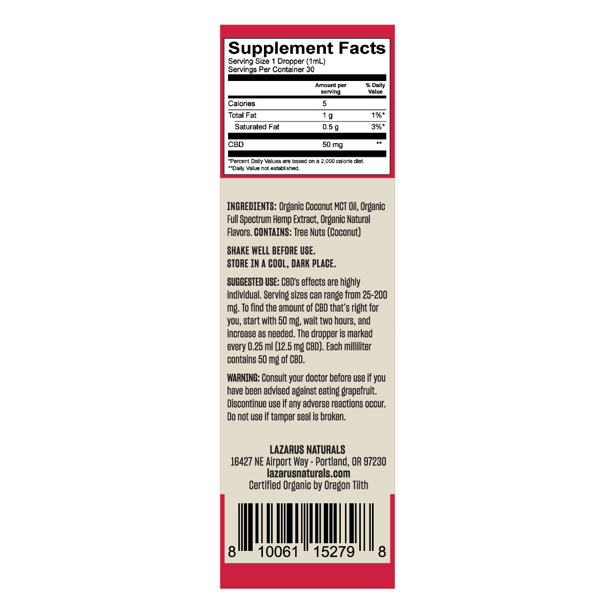 Lazarus Naturals ORGANIC CBD TINCTURE, 50MG/ML