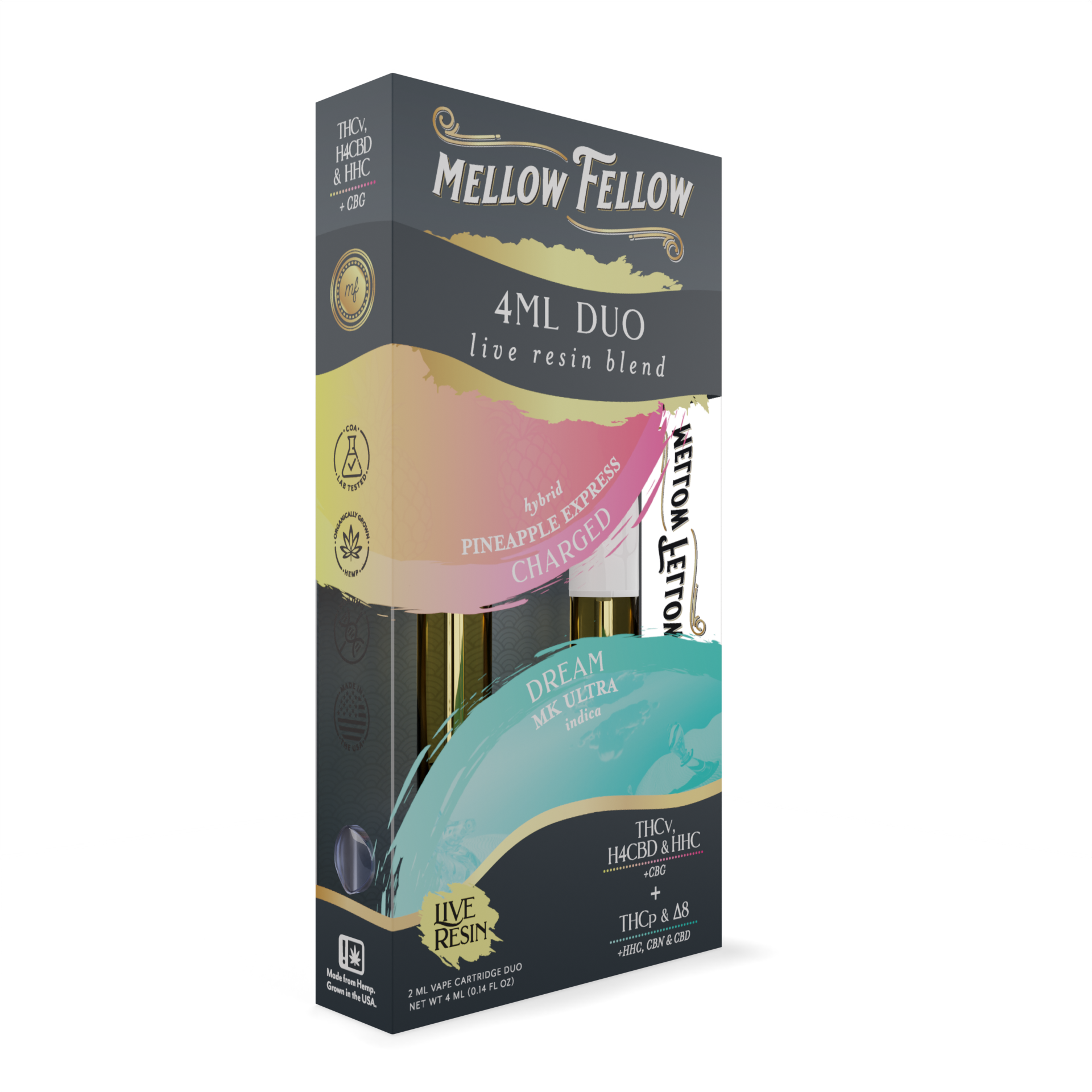 Mellow Fellow Charged (Pineapple Express) & Dream (MK Ultra) - Live Resin 4ml Vape Cart Duo Best Price