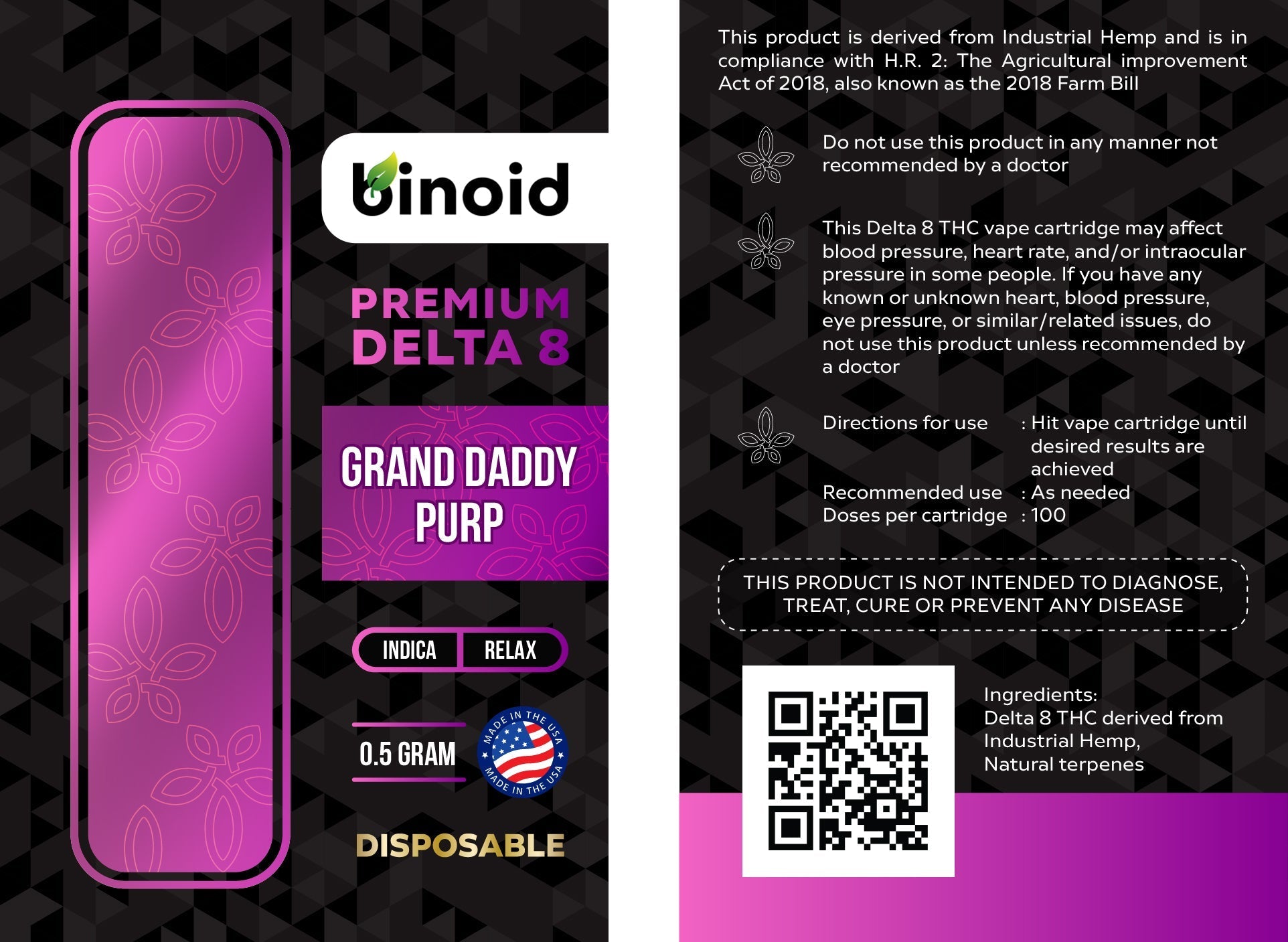 Binoid Delta 8 THC Vape Cartridge - Grand Daddy Purp Best Price
