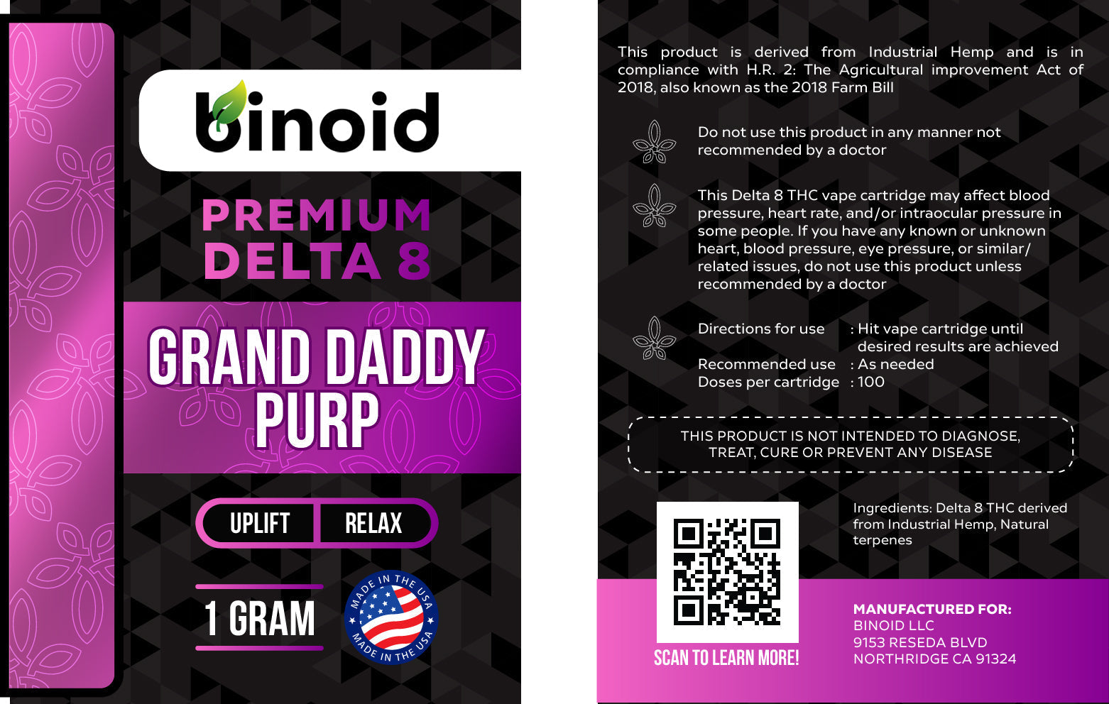 Binoid Delta 8 THC Vape Cartridge - Grand Daddy Purp Best Price