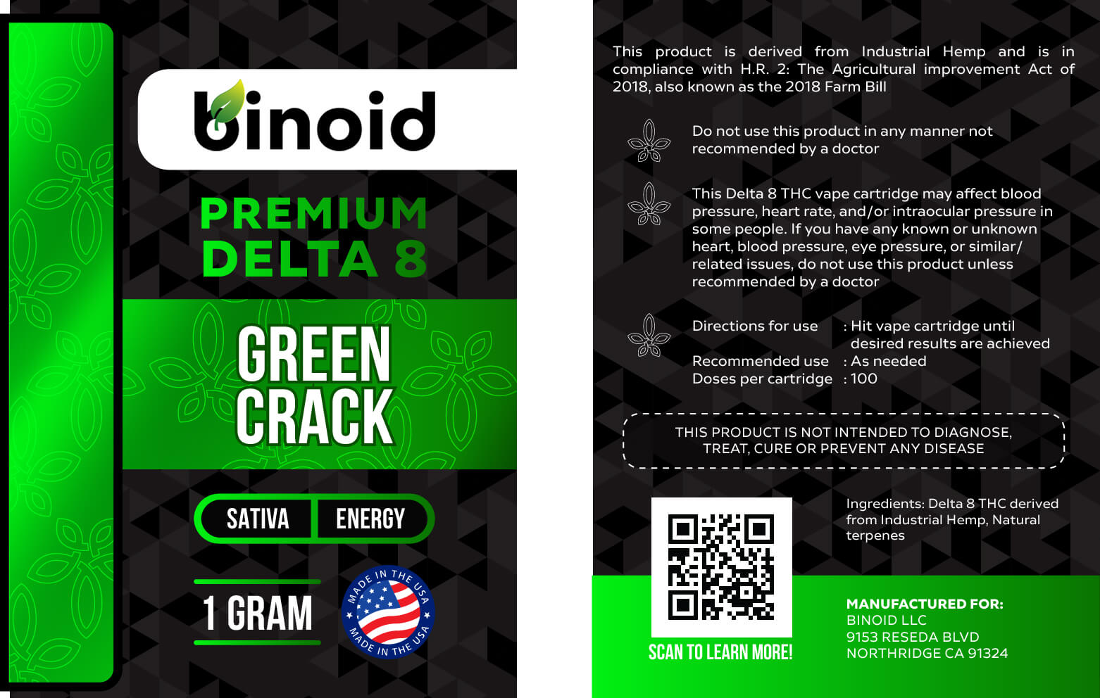 Binoid Delta 8 THC Vape Cartridge - Green Crack Best Price