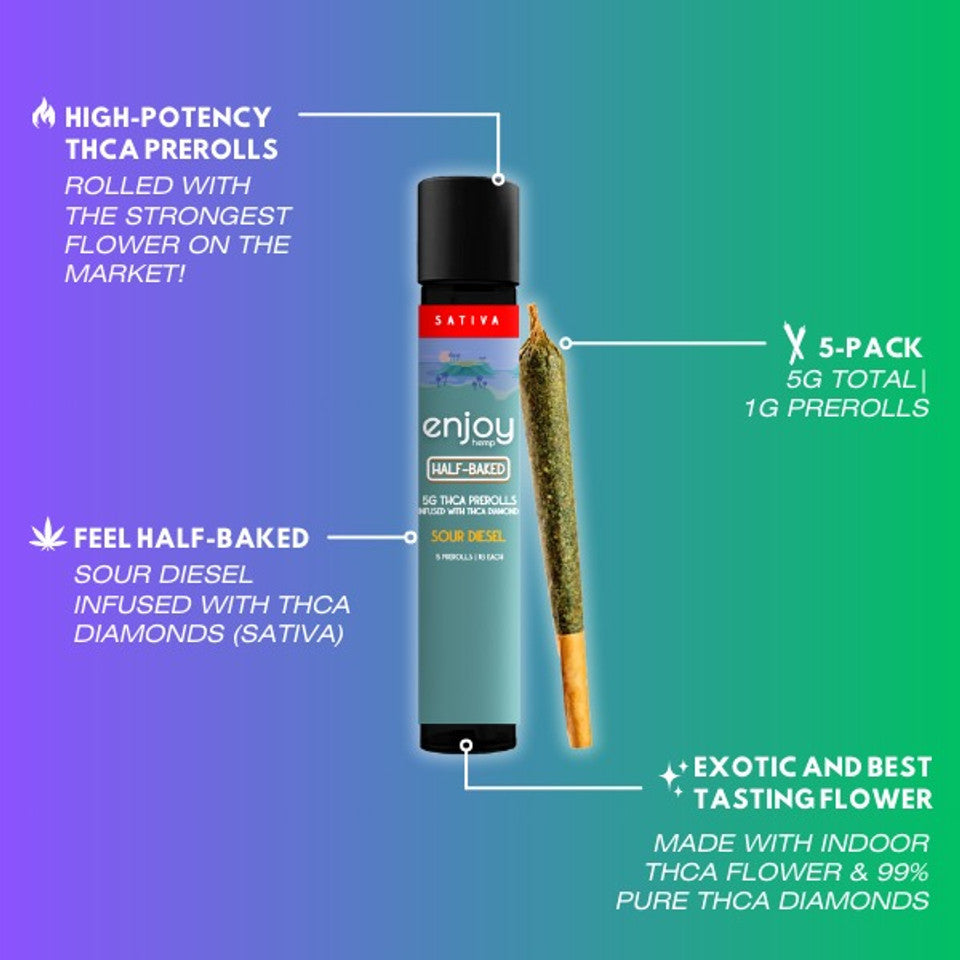 Enjoy Hemp 5g THCA Prerolls Infused with THCA Diamonds - for Half-Baked - Sour Diesel (Sativa) Best Price