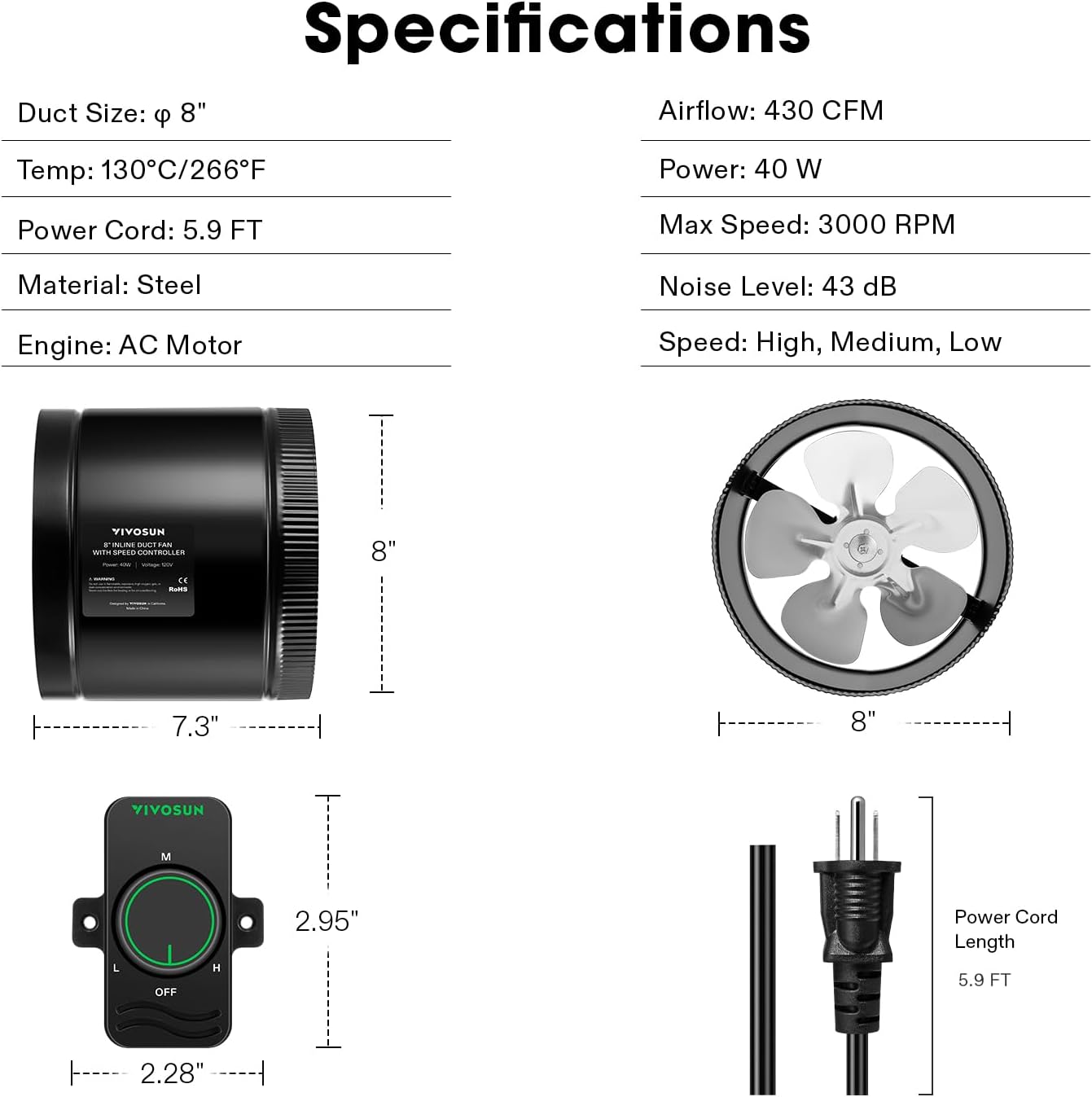 VIVOSUN Inline Booster Duct Fan 8” 420 CFM, HVAC Exhaust Ventilation Fan with Low Noise for Basements, Bathrooms, Kitchens, Attics, Grow Tents, Black