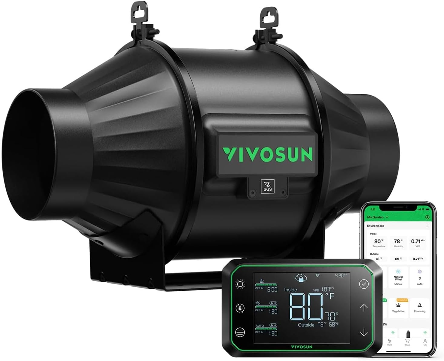 VIVOSUN G8 8" Inline Duct Fan & Temperature Humidity Controller, E42A WiFi-App Control AeroZesh Grow Tent Fan& Smart Thermostat, 725 CFM EC Motor Exhaust Fan for Heating Cooling, Greenhouse Accessory