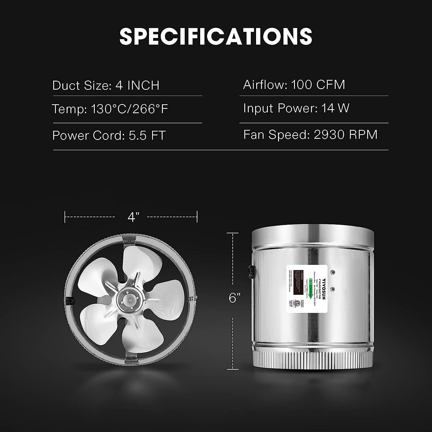VIVOSUN 4” Inline Booster Duct Fan with Speed Regulator, 130 CFM Quiet Exhaust Fan for HVAC Ventilation in Grow Tents, Basements, Bathrooms, Kitchens, and Attics