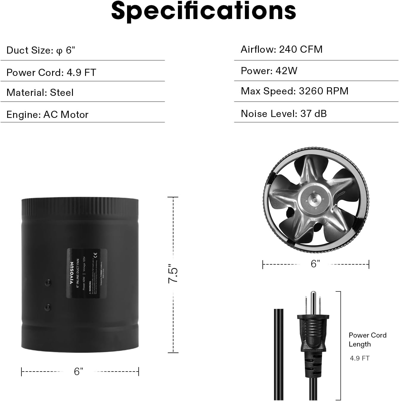 VIVOSUN Inline Booster Duct Fan 8” 420 CFM, HVAC Exhaust Ventilation Fan with Low Noise for Basements, Bathrooms, Kitchens, Attics, Grow Tents, Black