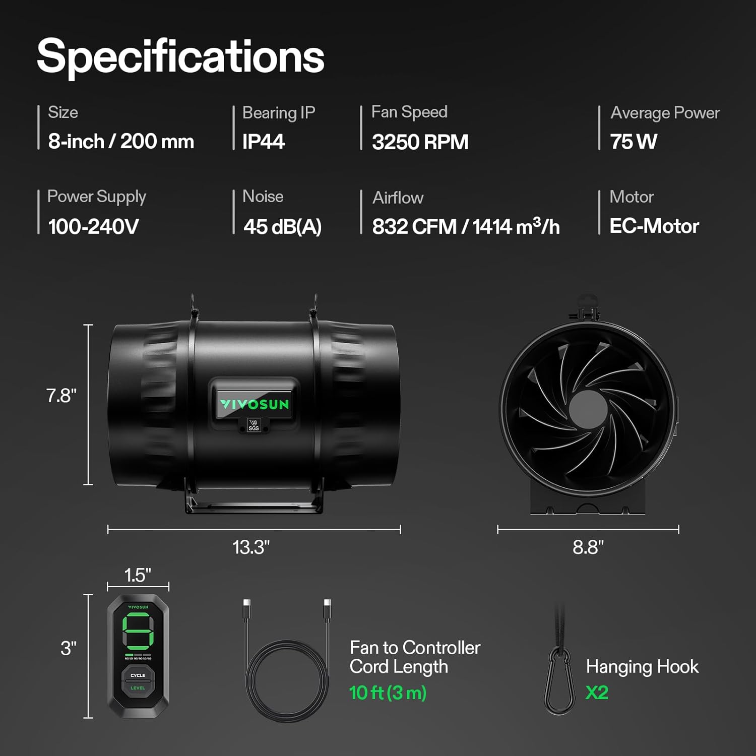 VIVOSUN G8 8" Inline Duct Fan & 3 Cycle Modes E12 Speed Controller, AeroZesh Grow Tent Kit Ventilation Fan with 725 CFM EC Motor, Programmable Exhaust Fan for Heating Cooling Booster, Hydroponics