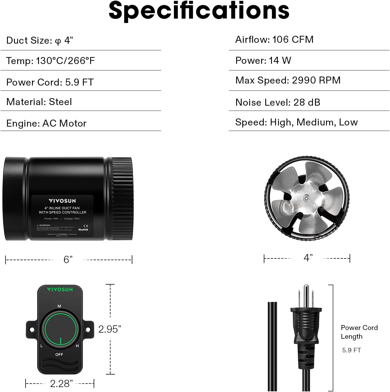 VIVOSUN Inline Booster Duct Fan 4” 100 CFM, HVAC Exhaust Ventilation Fan with Low Noise for Basements, Bathrooms, Kitchens, Attics, Grow Tents, Black