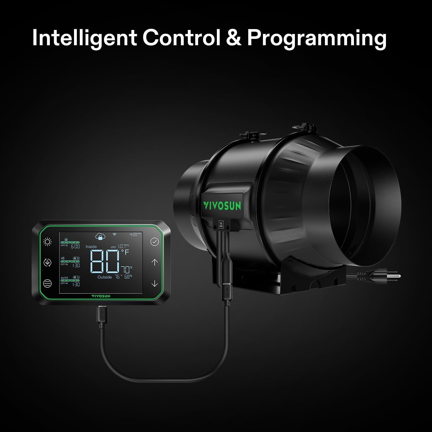 VIVOSUN G8 8" Inline Duct Fan & Temperature Humidity Controller, E42A WiFi-App Control AeroZesh Grow Tent Fan& Smart Thermostat, 725 CFM EC Motor Exhaust Fan for Heating Cooling, Greenhouse Accessory