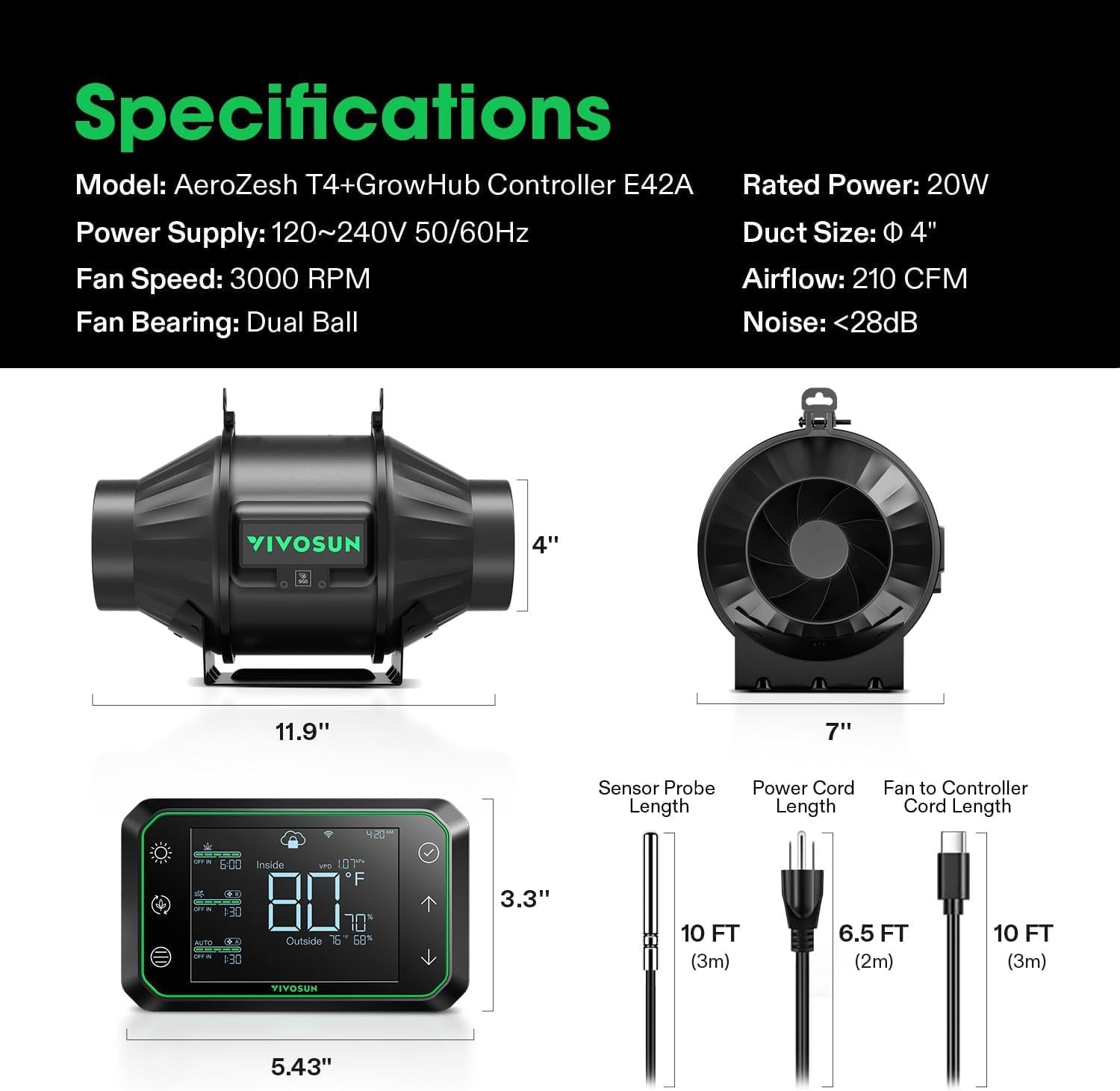 VIVOSUN G8 8" Inline Duct Fan & 3 Cycle Modes E12 Speed Controller, AeroZesh Grow Tent Kit Ventilation Fan with 725 CFM EC Motor, Programmable Exhaust Fan for Heating Cooling Booster, Hydroponics