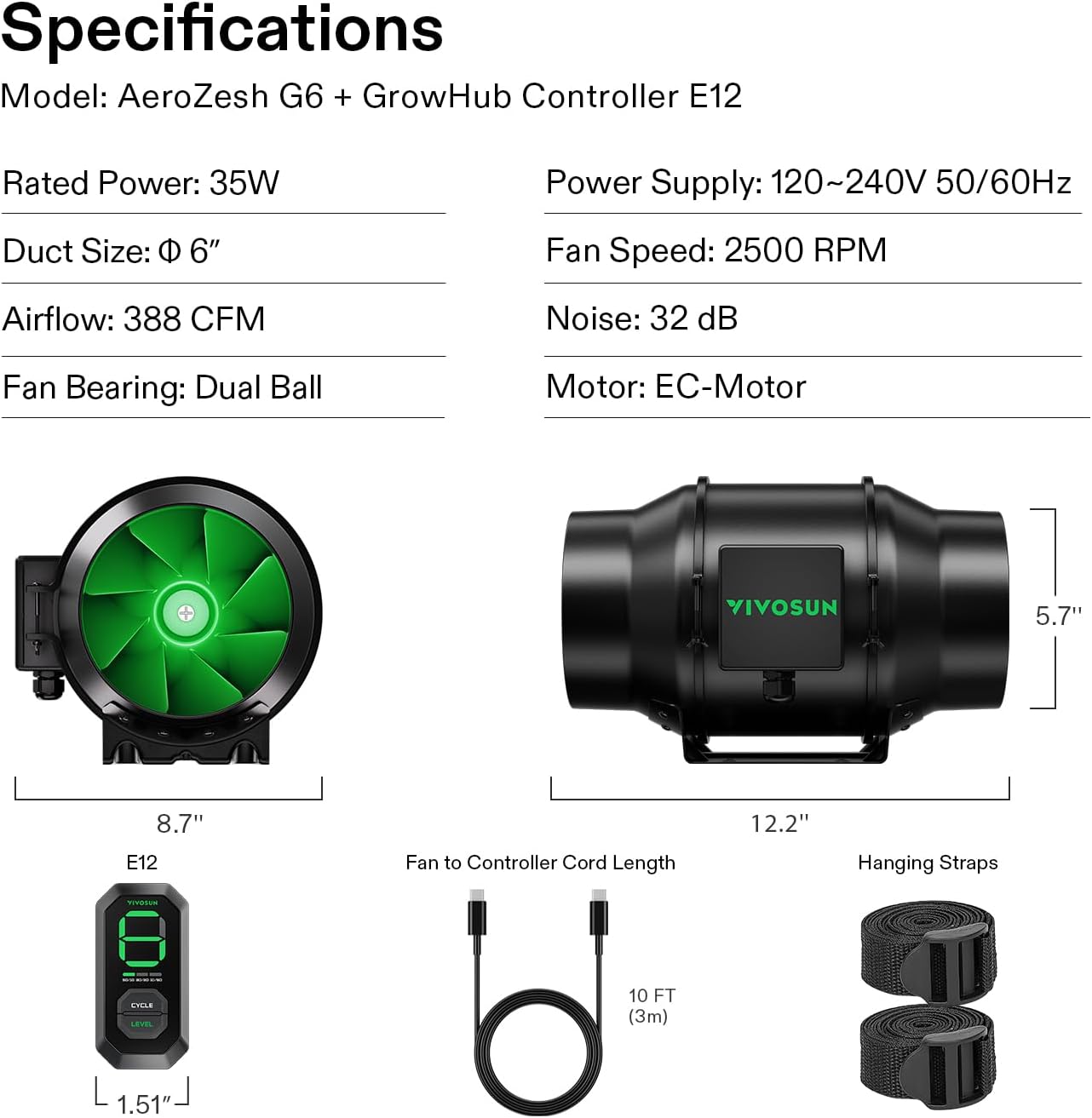 VIVOSUN G8 8" Inline Duct Fan & Temperature Humidity Controller, E42A WiFi-App Control AeroZesh Grow Tent Fan& Smart Thermostat, 725 CFM EC Motor Exhaust Fan for Heating Cooling, Greenhouse Accessory