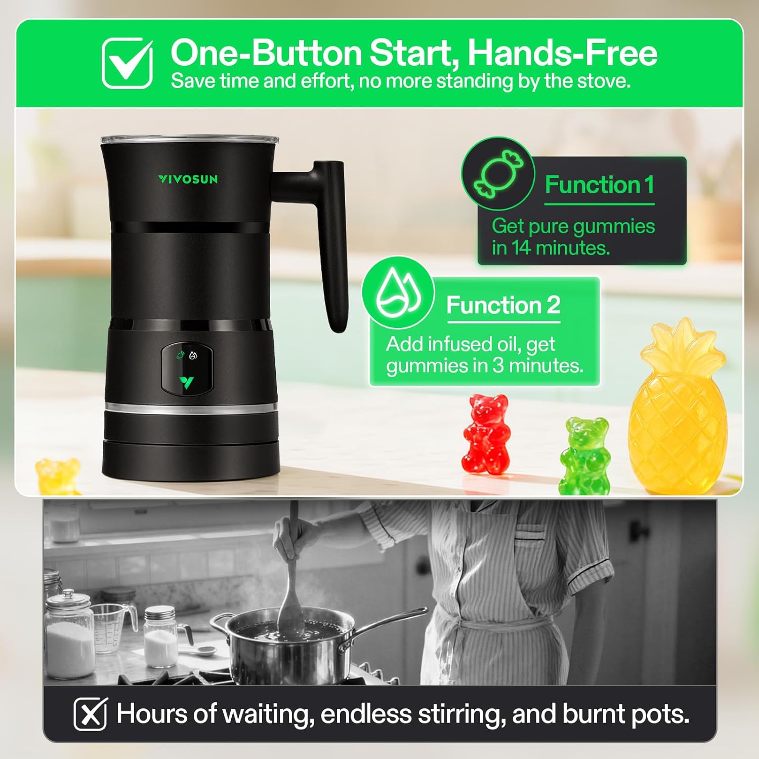 VIVOSUN Gummy Maker Machine, Hands-Free Candy Maker, Oil Infused Edible Mixer with Dual Rotor, Food-Grade Stainless Steel Pot and Silicone Molds, for Gummies Bear, DIY Candies, Party Treats