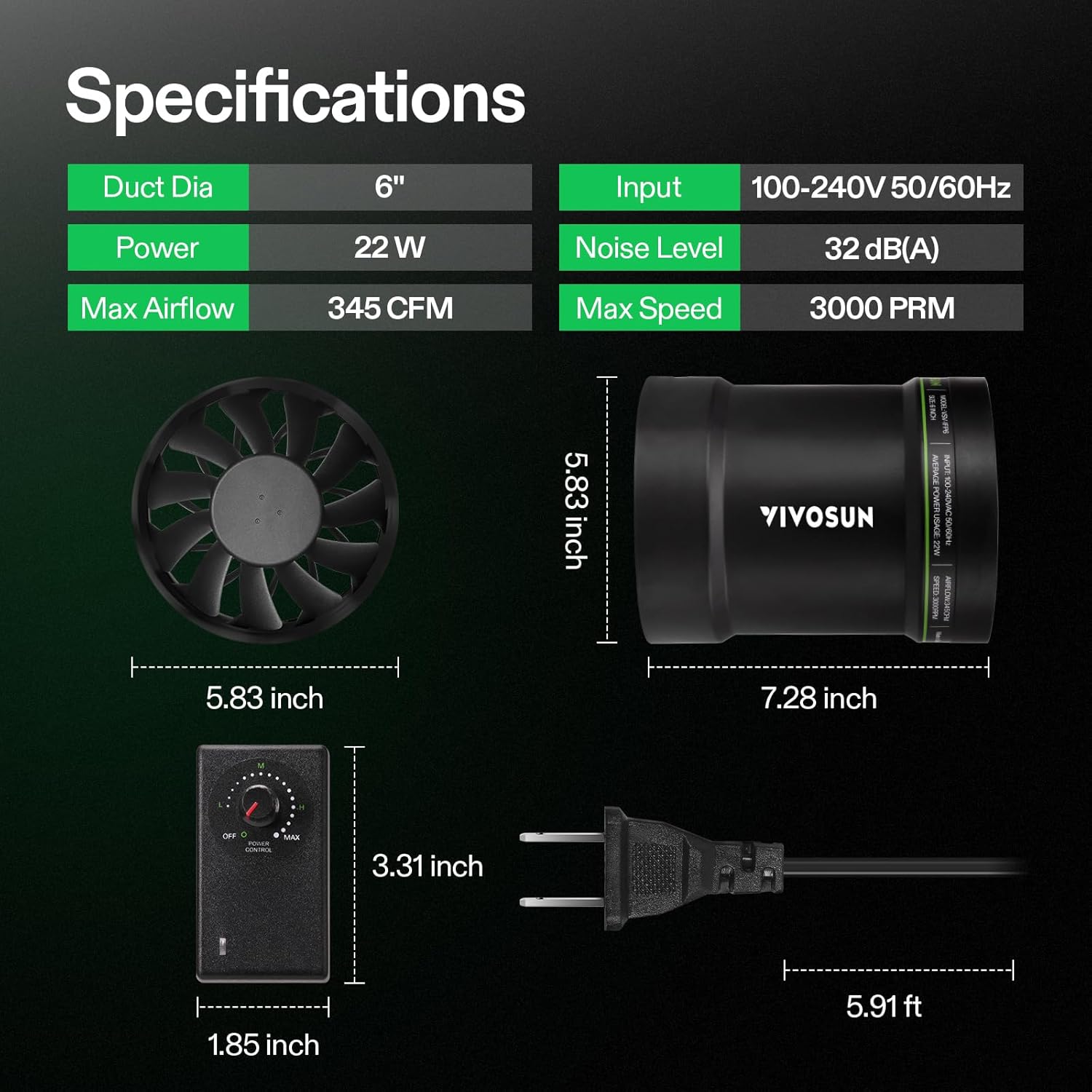 VIVOSUN 6” Inline Booster Duct Fan with Speed Regulator, 345 CFM Quiet Exhaust Fan for HVAC Ventilation in Grow Tents, Basements, Bathrooms, Kitchens, and Attics