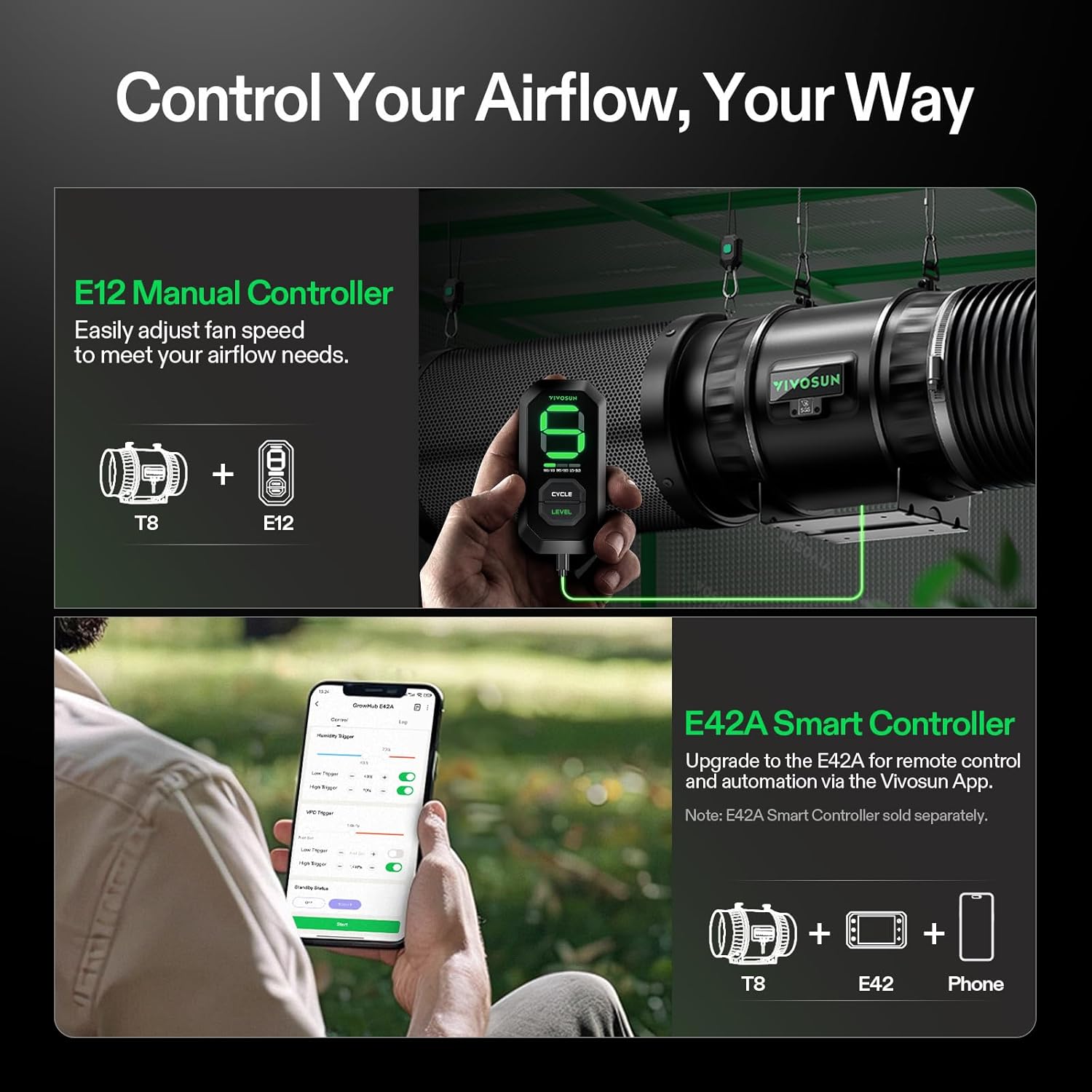 VIVOSUN G8 8" Inline Duct Fan & Temperature Humidity Controller, E42A WiFi-App Control AeroZesh Grow Tent Fan& Smart Thermostat, 725 CFM EC Motor Exhaust Fan for Heating Cooling, Greenhouse Accessory