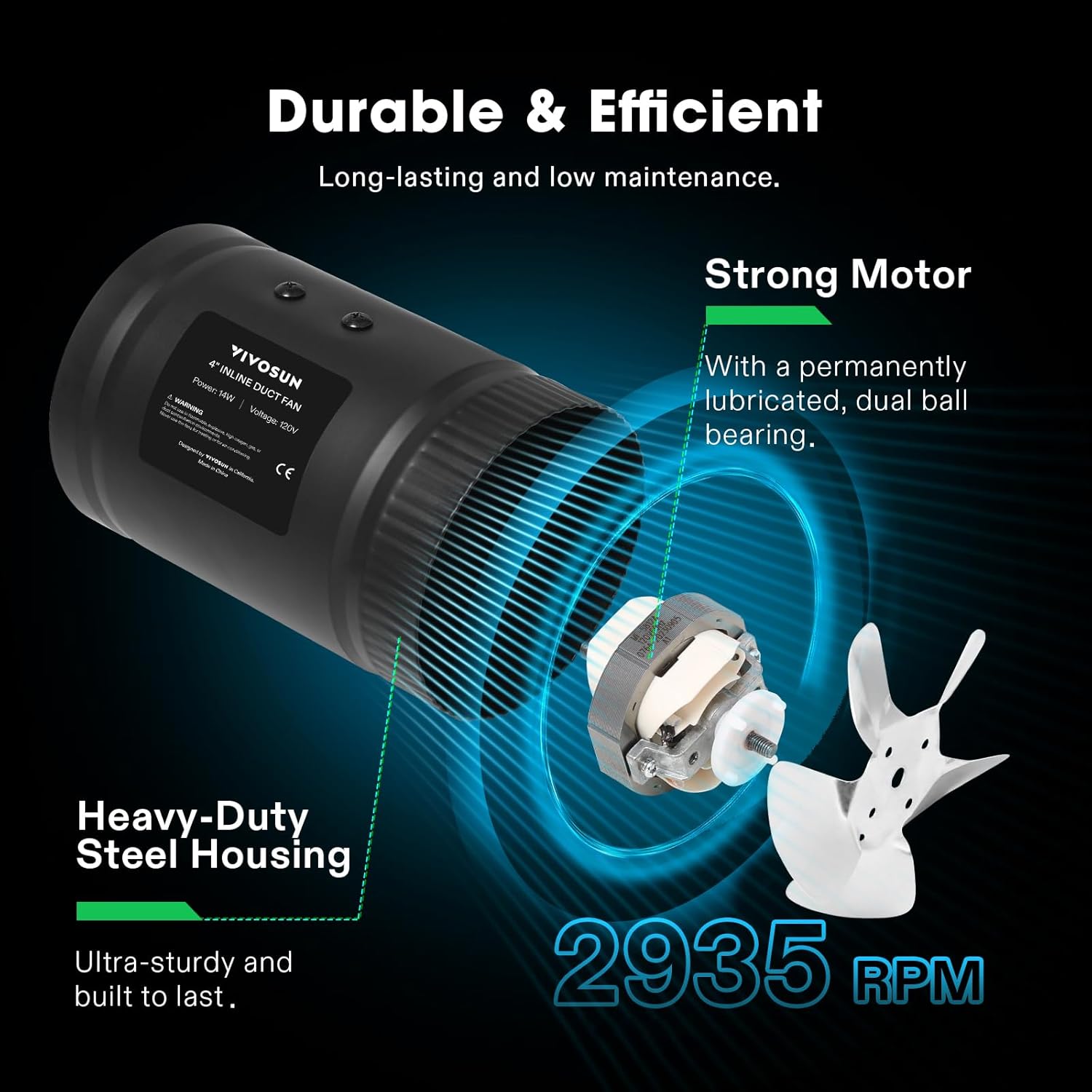 VIVOSUN Inline Booster Duct Fan 4” 100 CFM, HVAC Exhaust Ventilation Fan with Low Noise for Basements, Bathrooms, Kitchens, Attics, Grow Tents, Black