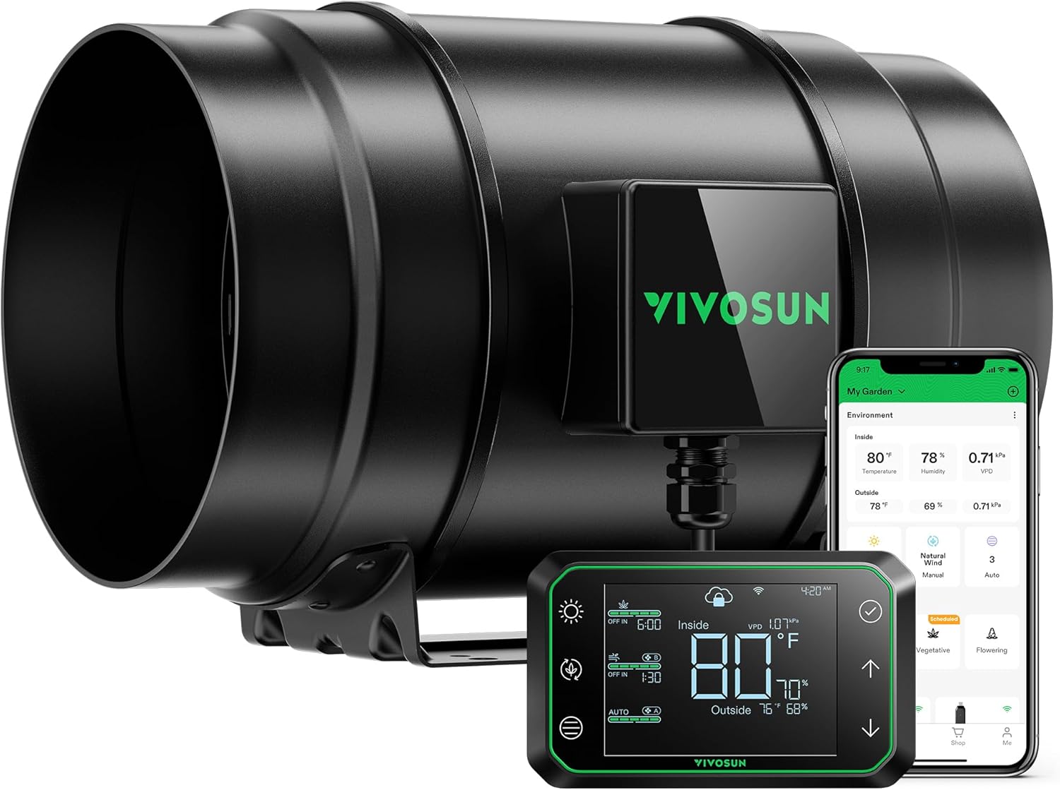 VIVOSUN G8 8" Inline Duct Fan & 3 Cycle Modes E12 Speed Controller, AeroZesh Grow Tent Kit Ventilation Fan with 725 CFM EC Motor, Programmable Exhaust Fan for Heating Cooling Booster, Hydroponics