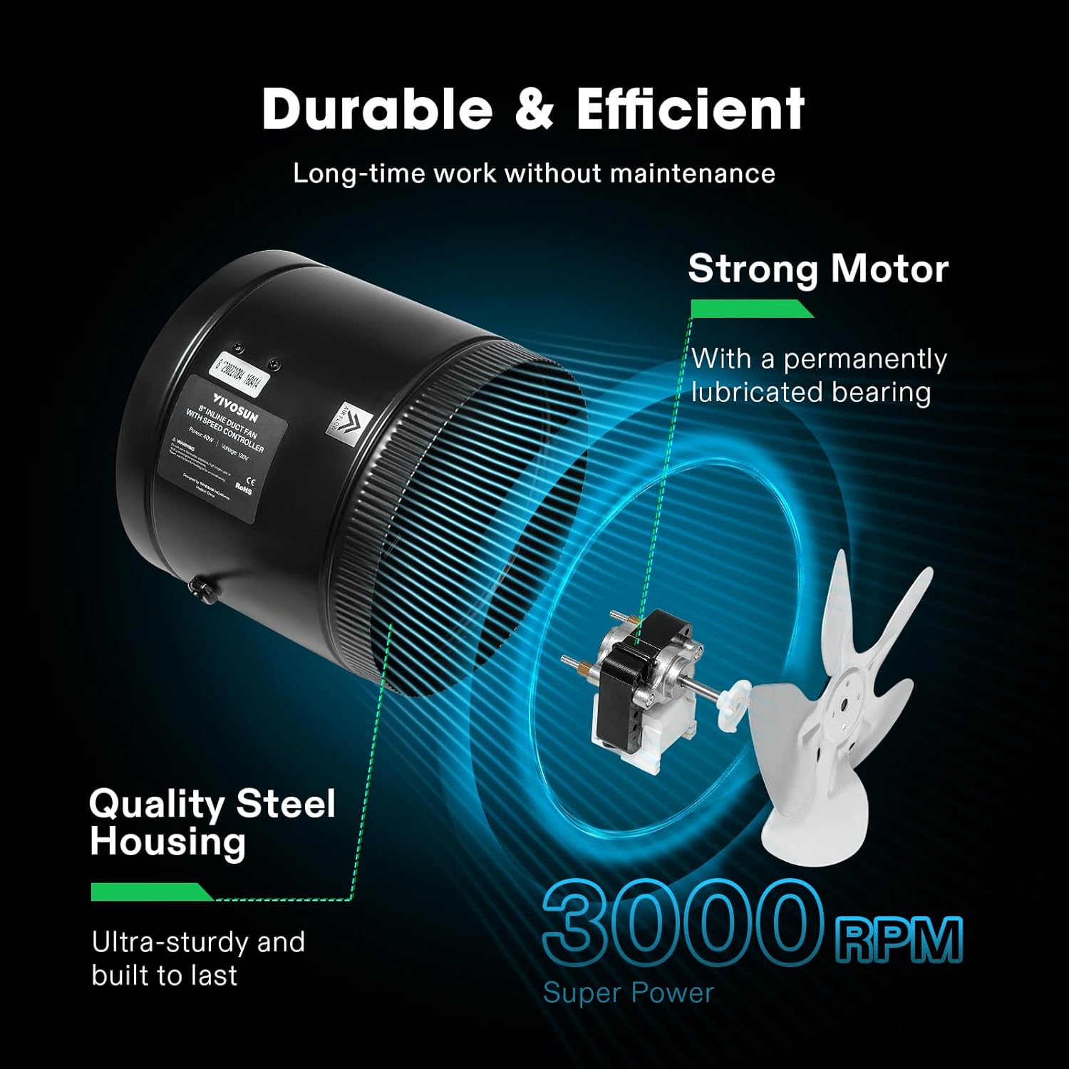 VIVOSUN Inline Booster Duct Fan 8” 430 CFM with Speed Controller, HVAC Exhaust Ventilation Fan with Low Noise for Basements, Bathrooms, Kitchens, Attics, Grow Tents