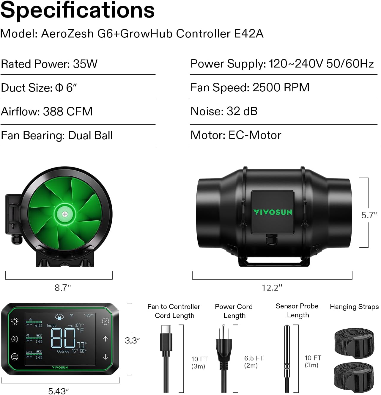 VIVOSUN G8 8" Inline Duct Fan & 3 Cycle Modes E12 Speed Controller, AeroZesh Grow Tent Kit Ventilation Fan with 725 CFM EC Motor, Programmable Exhaust Fan for Heating Cooling Booster, Hydroponics