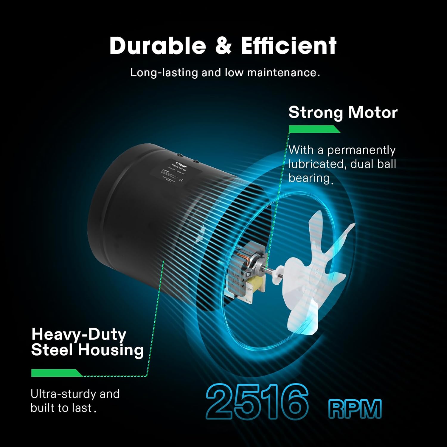 VIVOSUN Inline Booster Duct Fan 8” 420 CFM, HVAC Exhaust Ventilation Fan with Low Noise for Basements, Bathrooms, Kitchens, Attics, Grow Tents, Black