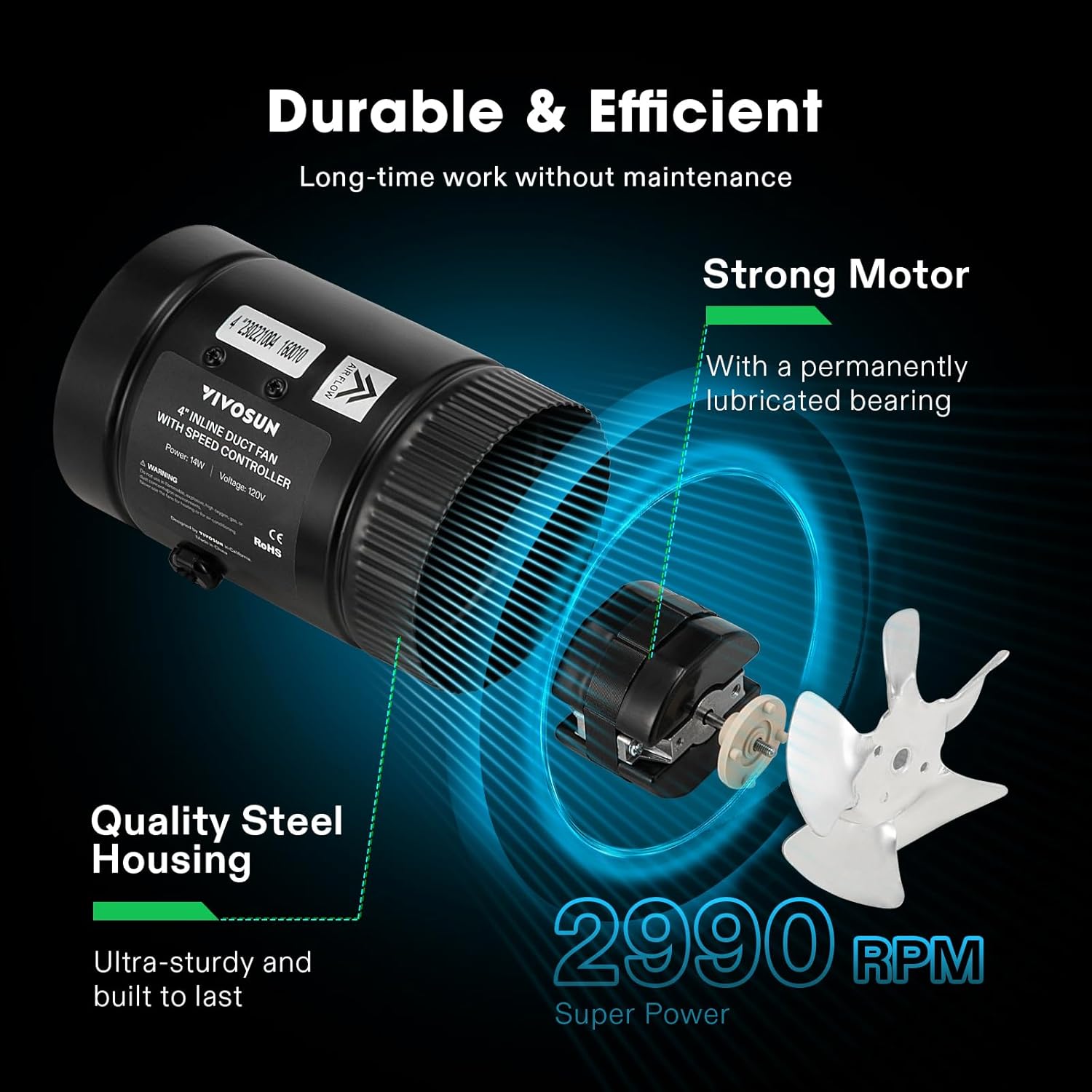 VIVOSUN Inline Booster Duct Fan 8” 430 CFM with Speed Controller, HVAC Exhaust Ventilation Fan with Low Noise for Basements, Bathrooms, Kitchens, Attics, Grow Tents