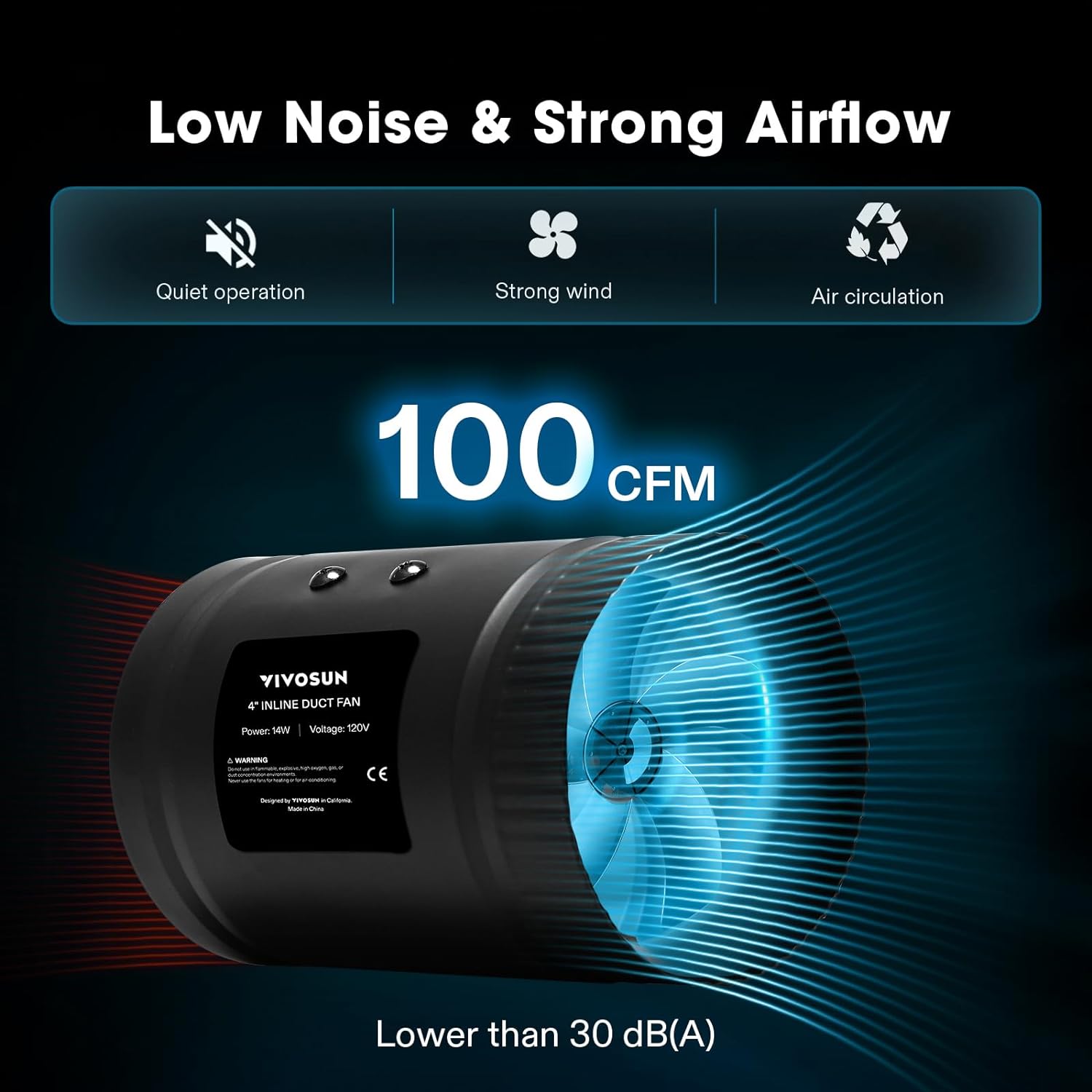 VIVOSUN Inline Booster Duct Fan 4” 100 CFM, HVAC Exhaust Ventilation Fan with Low Noise for Basements, Bathrooms, Kitchens, Attics, Grow Tents, Black