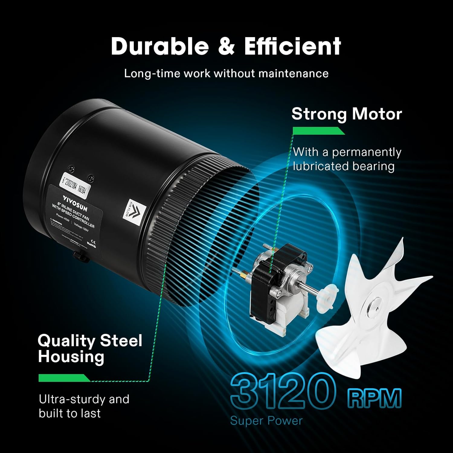 VIVOSUN Inline Booster Duct Fan 4” 100 CFM, HVAC Exhaust Ventilation Fan with Low Noise for Basements, Bathrooms, Kitchens, Attics, Grow Tents, Black