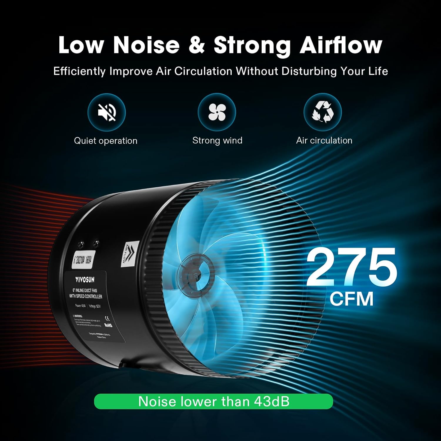 VIVOSUN Inline Booster Duct Fan 4” 100 CFM, HVAC Exhaust Ventilation Fan with Low Noise for Basements, Bathrooms, Kitchens, Attics, Grow Tents, Black