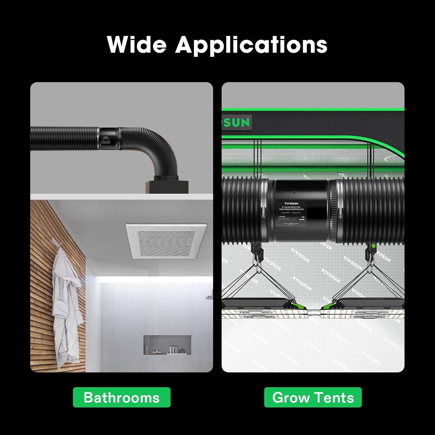 VIVOSUN Inline Booster Duct Fan 8” 430 CFM with Speed Controller, HVAC Exhaust Ventilation Fan with Low Noise for Basements, Bathrooms, Kitchens, Attics, Grow Tents