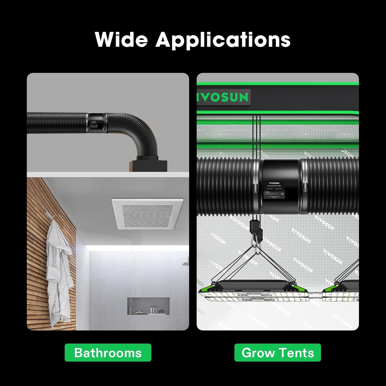 VIVOSUN Inline Booster Duct Fan 4” 100 CFM, HVAC Exhaust Ventilation Fan with Low Noise for Basements, Bathrooms, Kitchens, Attics, Grow Tents, Black