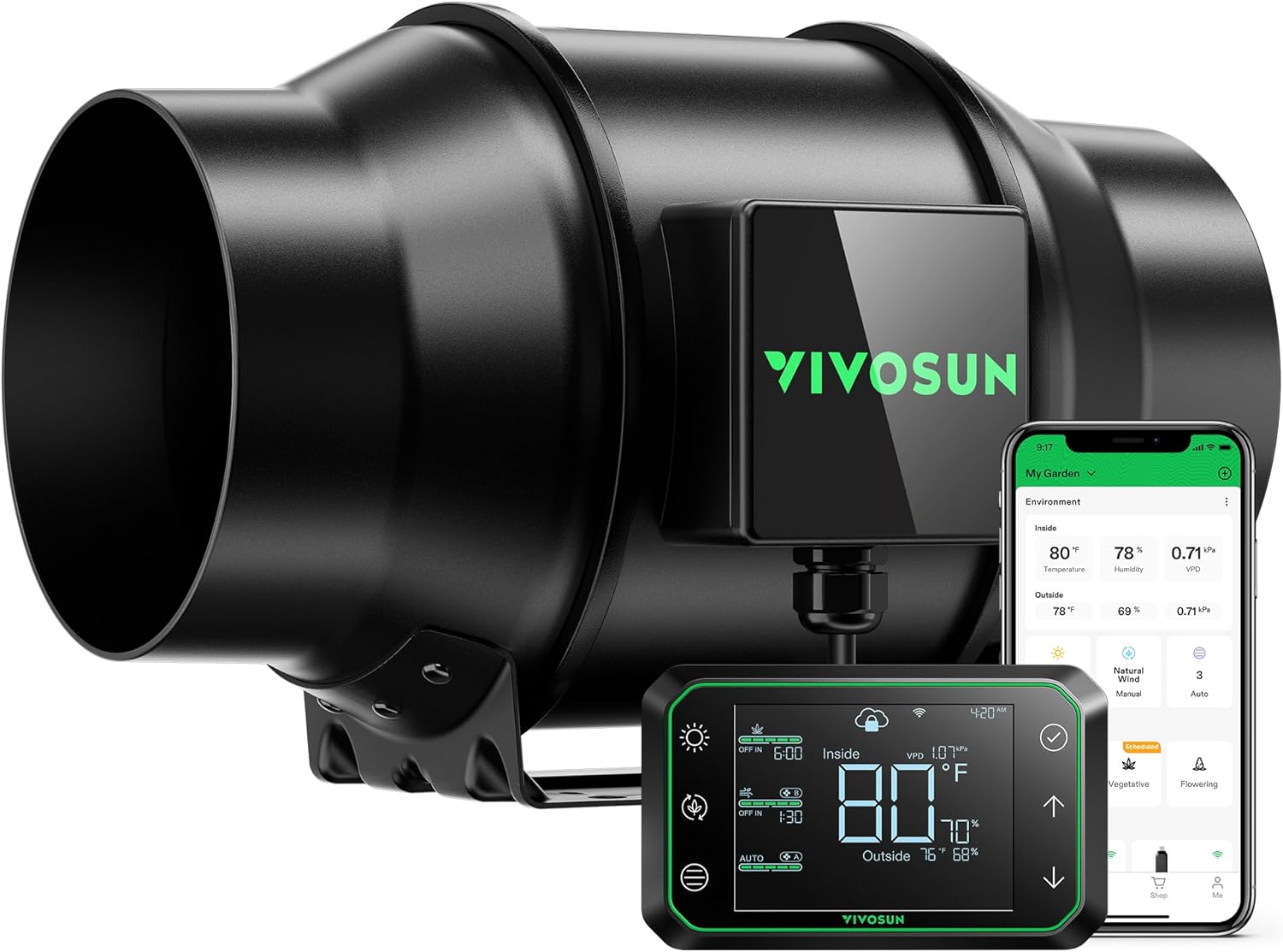 VIVOSUN G8 8" Inline Duct Fan & 3 Cycle Modes E12 Speed Controller, AeroZesh Grow Tent Kit Ventilation Fan with 725 CFM EC Motor, Programmable Exhaust Fan for Heating Cooling Booster, Hydroponics