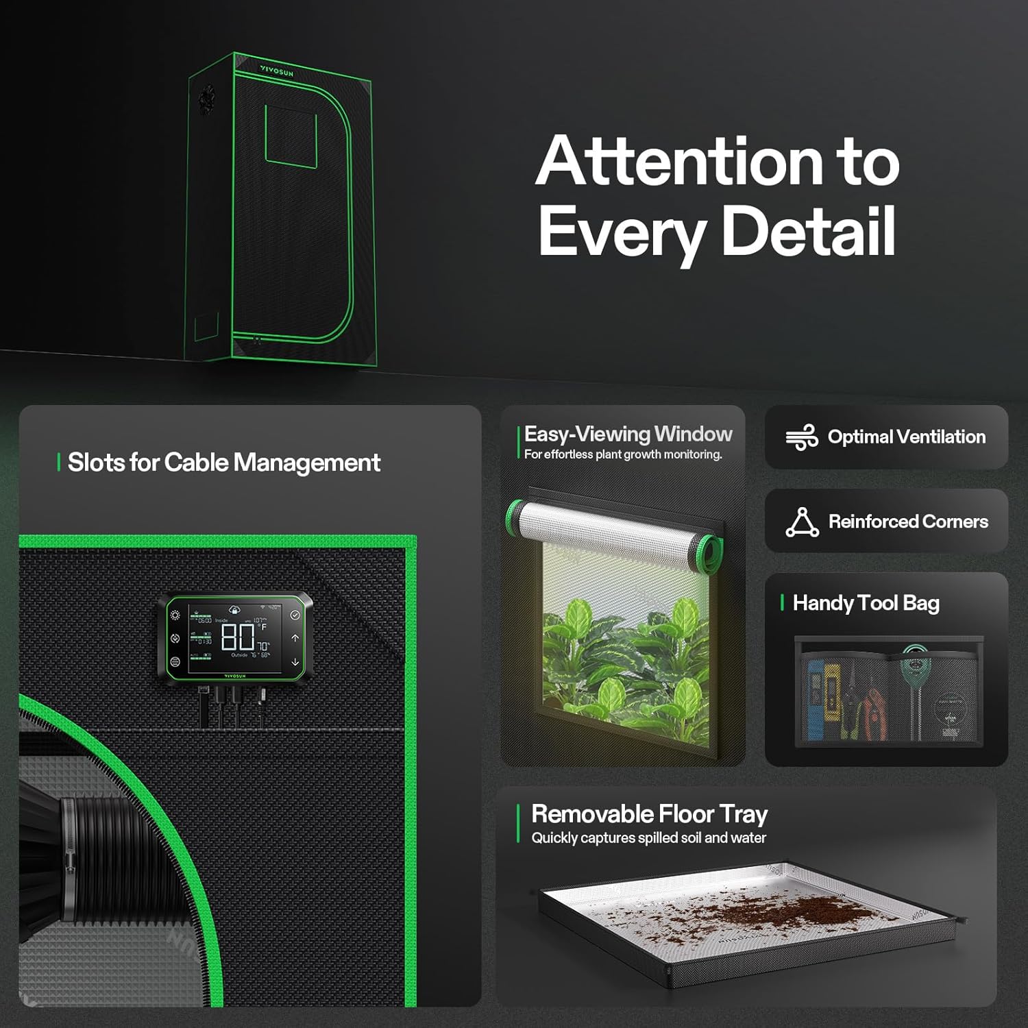 VIVOSUN S326 36"x20"x63" Grow Tent, High Reflective Mylar with Observation Window and Floor Tray for Hydroponics Indoor Plant for VS1000/VS2000