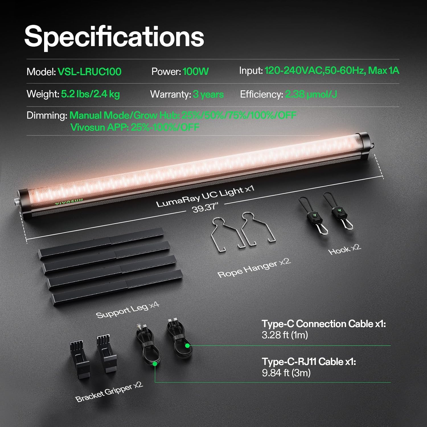 VIVOSUN LumaRay Under Canopy Grow Light, Full Spectrum Dimmable LED Grow Lights for Grow Tents, Greenhouses, SGS Compatible, 100W, 3.28 ft, 1 Pack