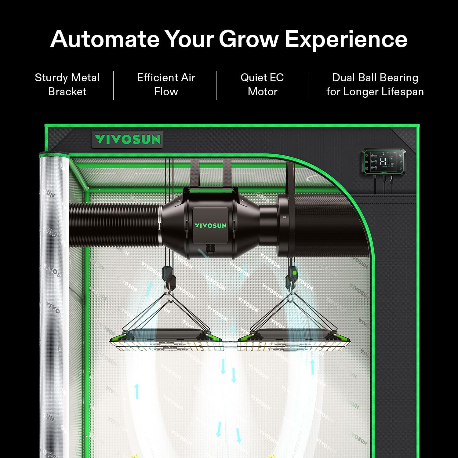 VIVOSUN G8 8" Inline Duct Fan & 3 Cycle Modes E12 Speed Controller, AeroZesh Grow Tent Kit Ventilation Fan with 725 CFM EC Motor, Programmable Exhaust Fan for Heating Cooling Booster, Hydroponics