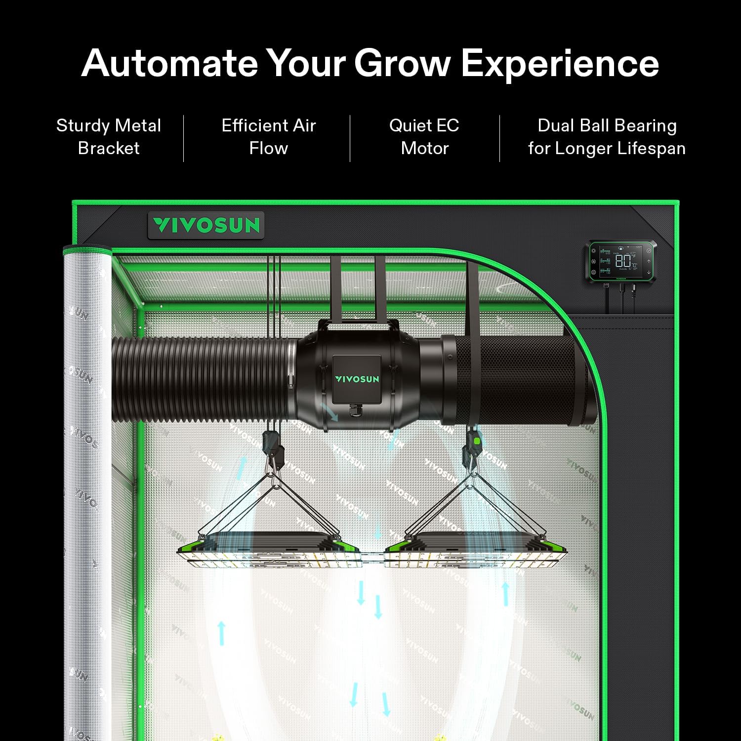 VIVOSUN G8 8" Inline Duct Fan & 3 Cycle Modes E12 Speed Controller, AeroZesh Grow Tent Kit Ventilation Fan with 725 CFM EC Motor, Programmable Exhaust Fan for Heating Cooling Booster, Hydroponics