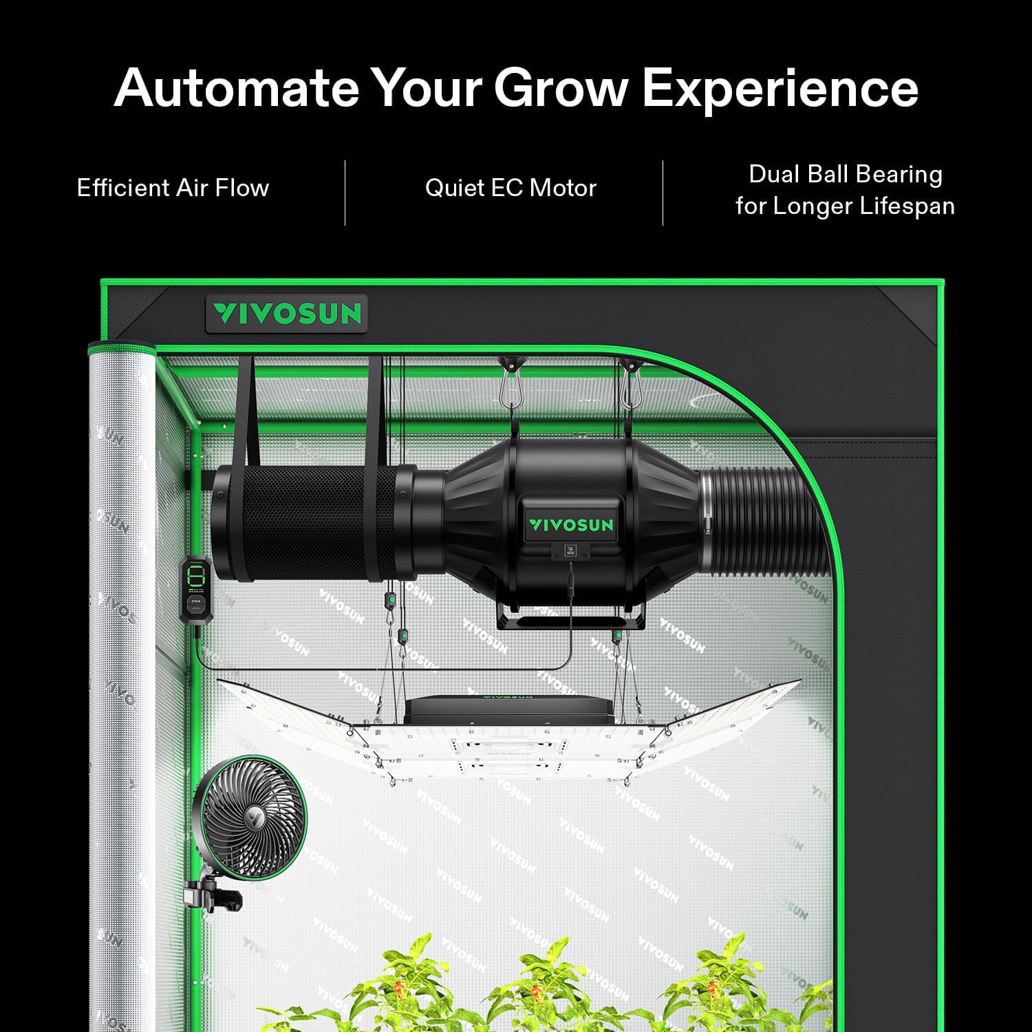 VIVOSUN G8 8" Inline Duct Fan & 3 Cycle Modes E12 Speed Controller, AeroZesh Grow Tent Kit Ventilation Fan with 725 CFM EC Motor, Programmable Exhaust Fan for Heating Cooling Booster, Hydroponics