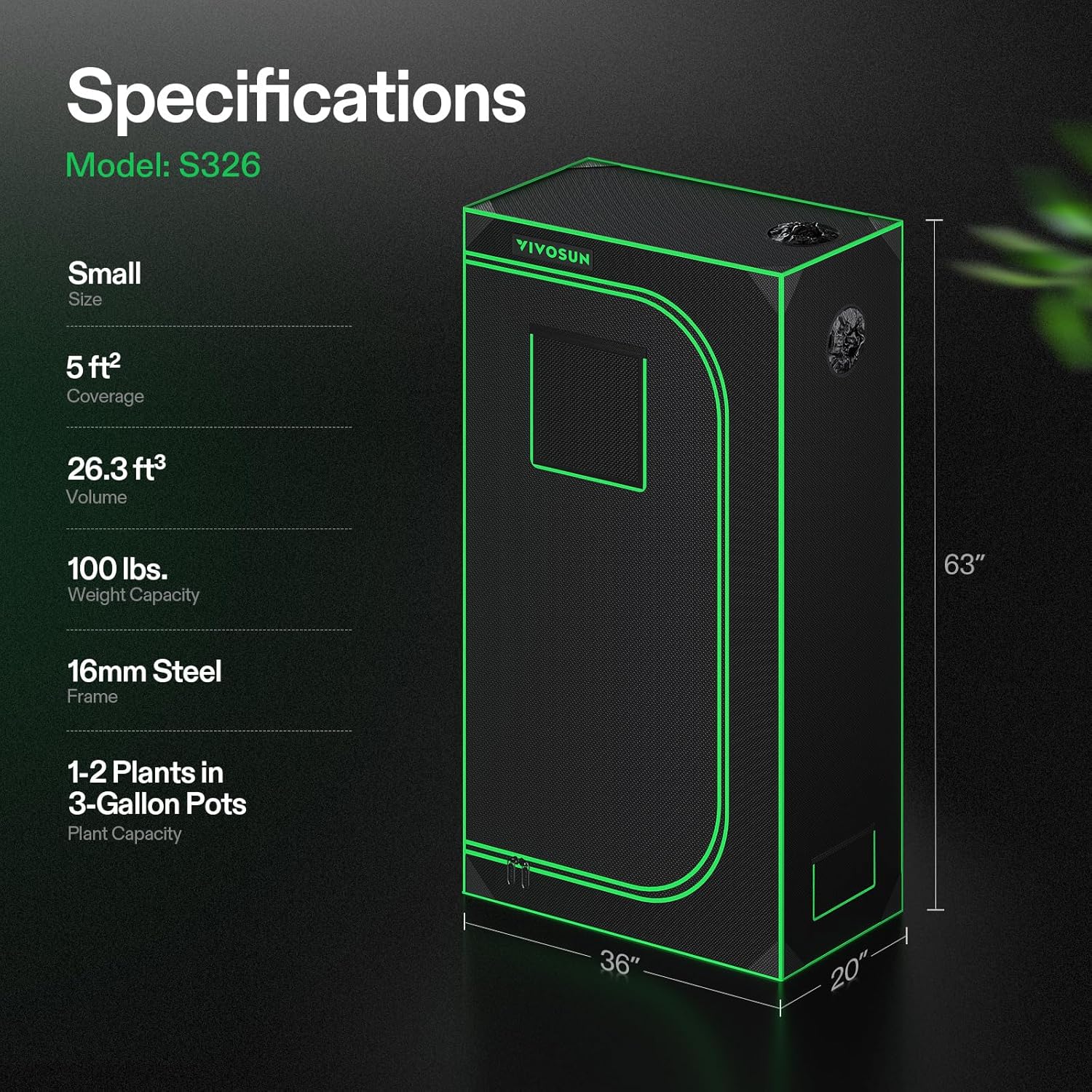 VIVOSUN S326 36"x20"x63" Grow Tent, High Reflective Mylar with Observation Window and Floor Tray for Hydroponics Indoor Plant for VS1000/VS2000