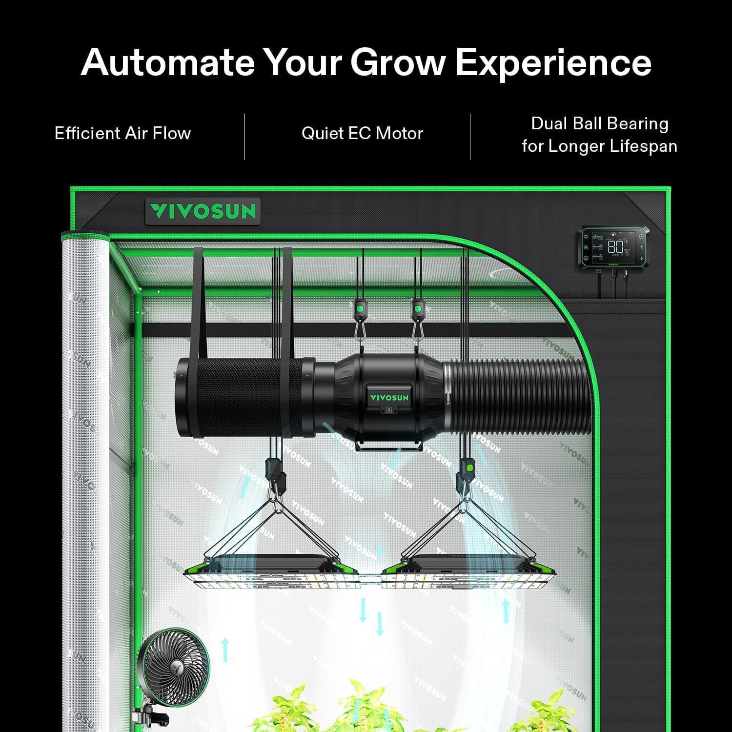 VIVOSUN G8 8" Inline Duct Fan & 3 Cycle Modes E12 Speed Controller, AeroZesh Grow Tent Kit Ventilation Fan with 725 CFM EC Motor, Programmable Exhaust Fan for Heating Cooling Booster, Hydroponics