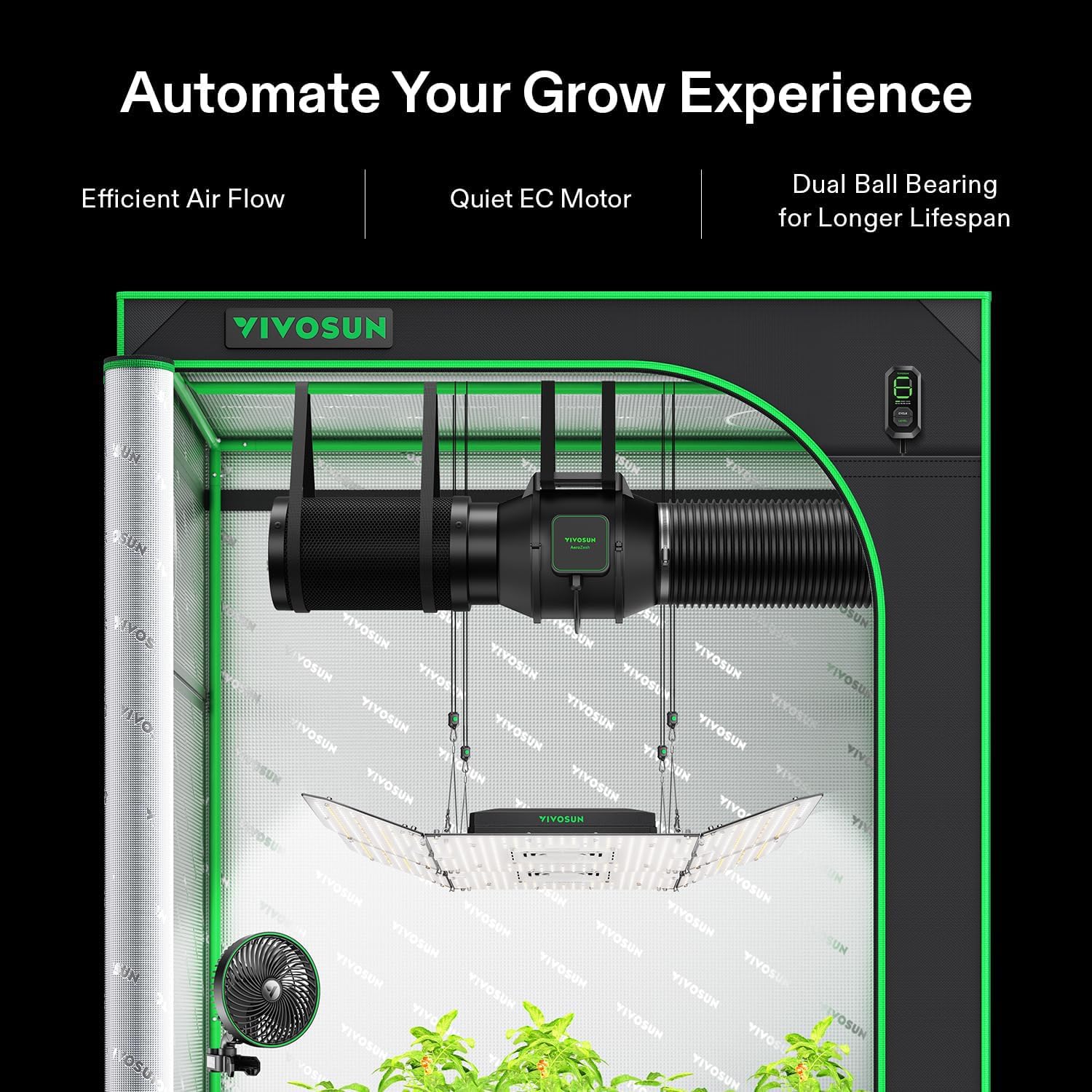 VIVOSUN G8 8" Inline Duct Fan & 3 Cycle Modes E12 Speed Controller, AeroZesh Grow Tent Kit Ventilation Fan with 725 CFM EC Motor, Programmable Exhaust Fan for Heating Cooling Booster, Hydroponics