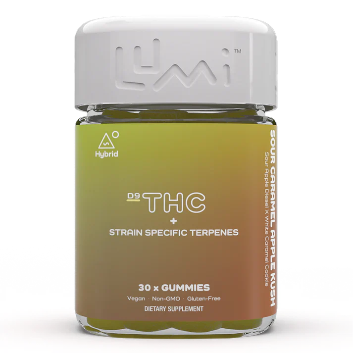 Lumi Labs | THC Gummies – Sour Caramel Apple Kush | 5mg D9 + 5mg Strain Specific Terpenes – 30ct