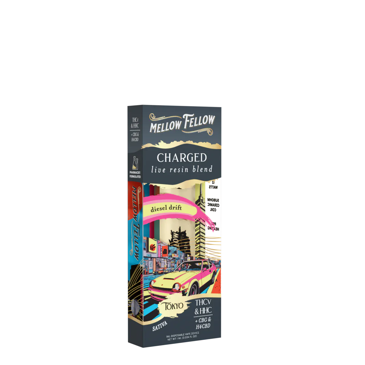 Mellow Fellow Charged Blend - Destination: Tokyo - Live Resin 1ml Disposable Vape - Diesel Drift (Sativa) Best Price